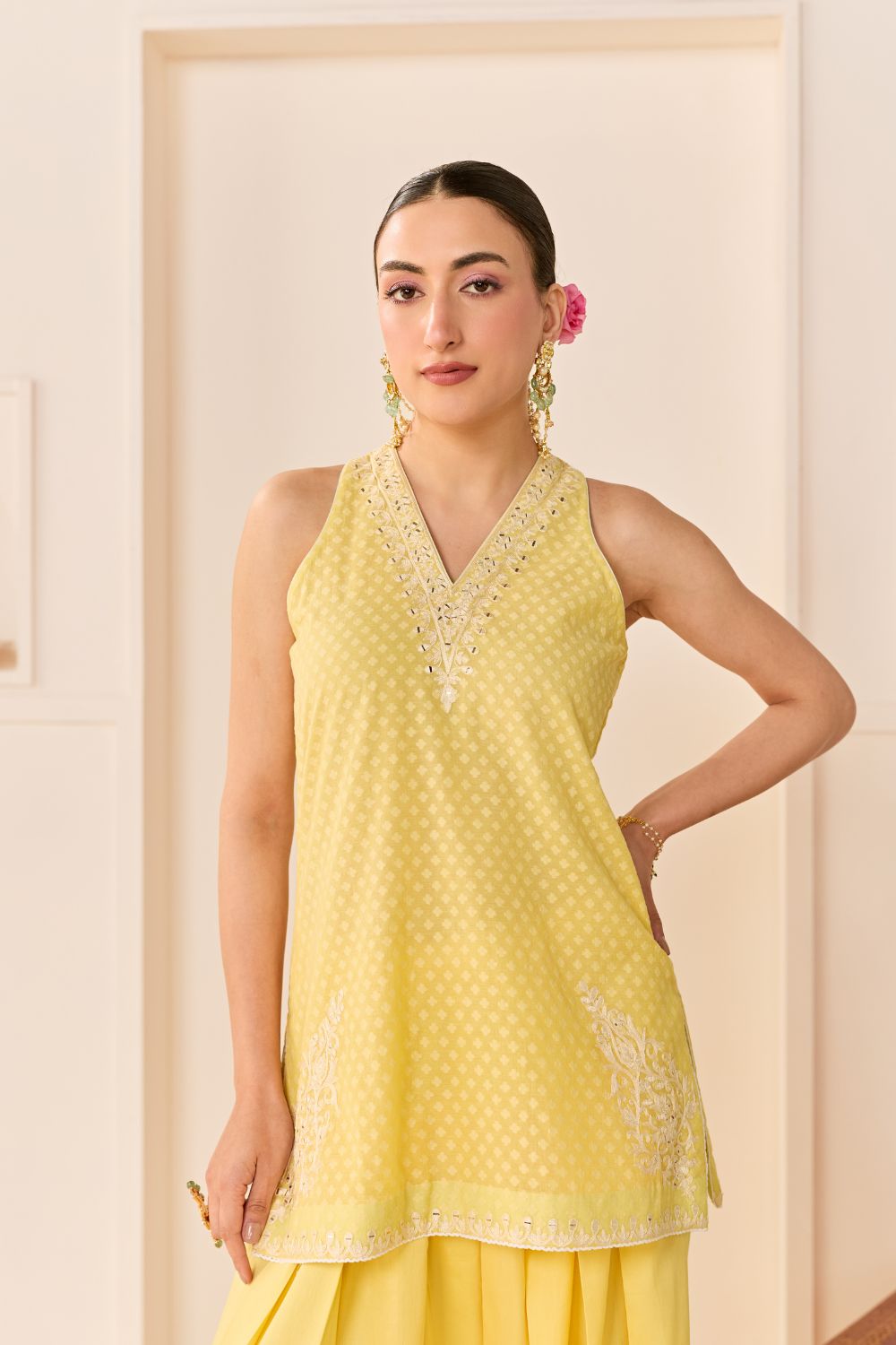 MIRAL - LEMON YELLOW SHORT KURTA WITH FARSI SALWAR AND DUPATTA
