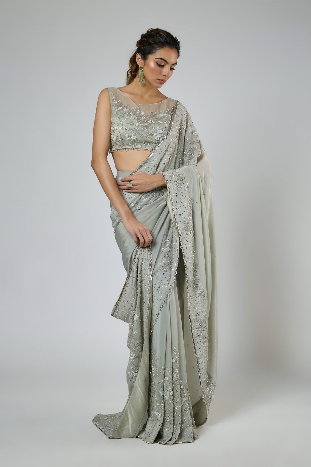 DUSTY GREEN HEAVY INTRICATE FLORAL EMBROIDERED SAREE SET