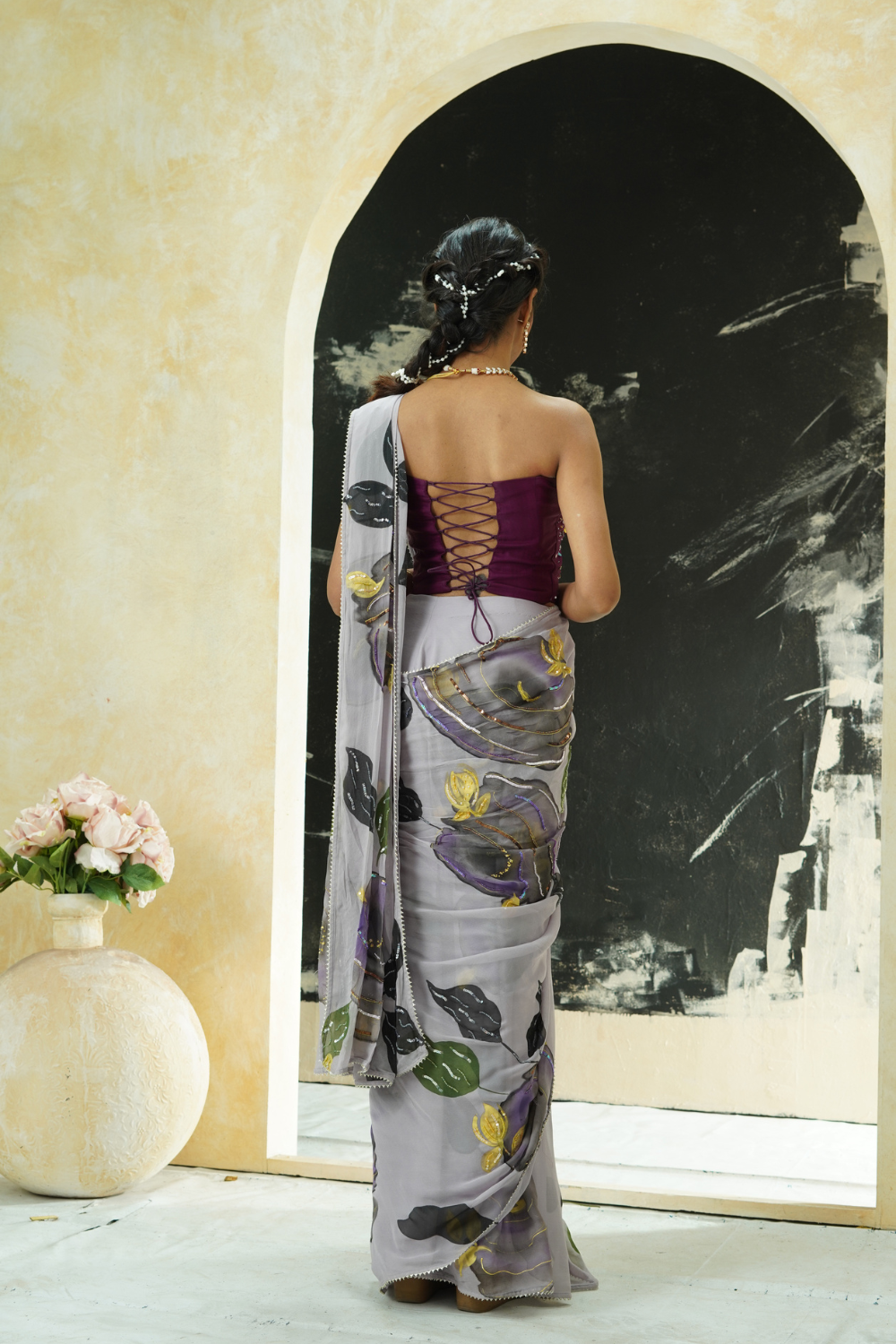 Periwinkle hand painted saree and corset set