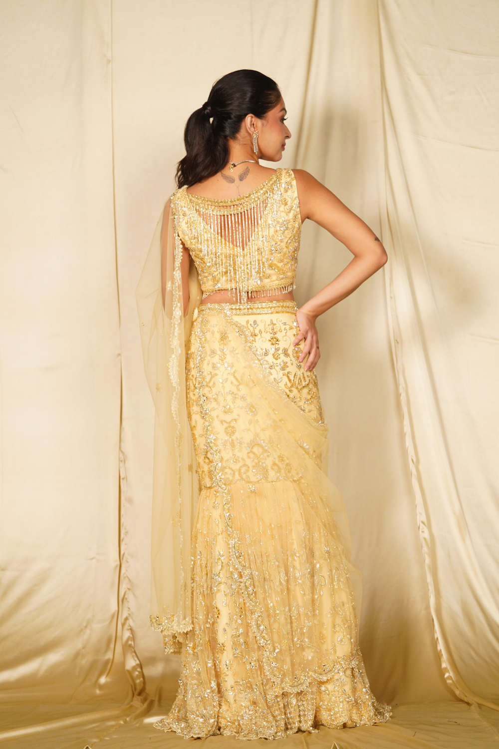 Gold embroidered fishcut saree set