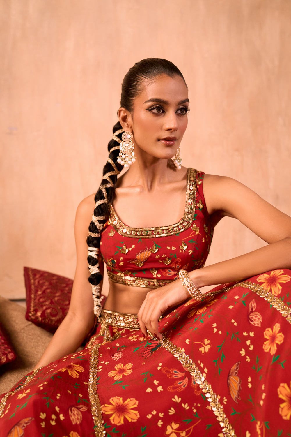 RED PRINT EMBROIDERED CHOLI, LEHENGA AND DUPATTA SET