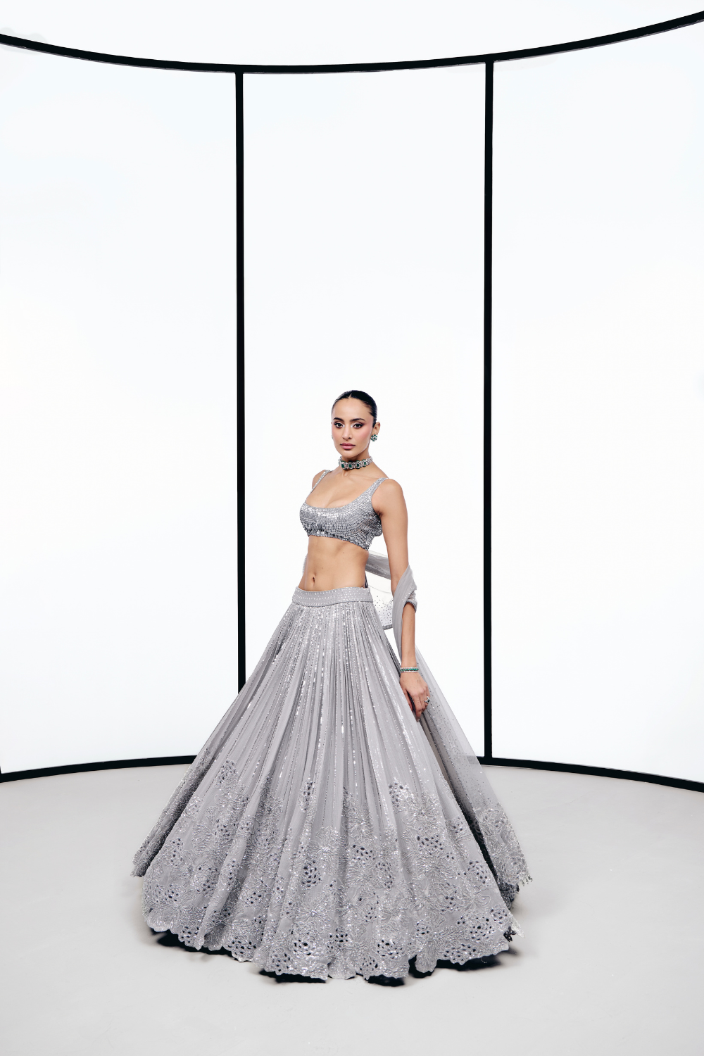 Grey floral cutwork lehnga set