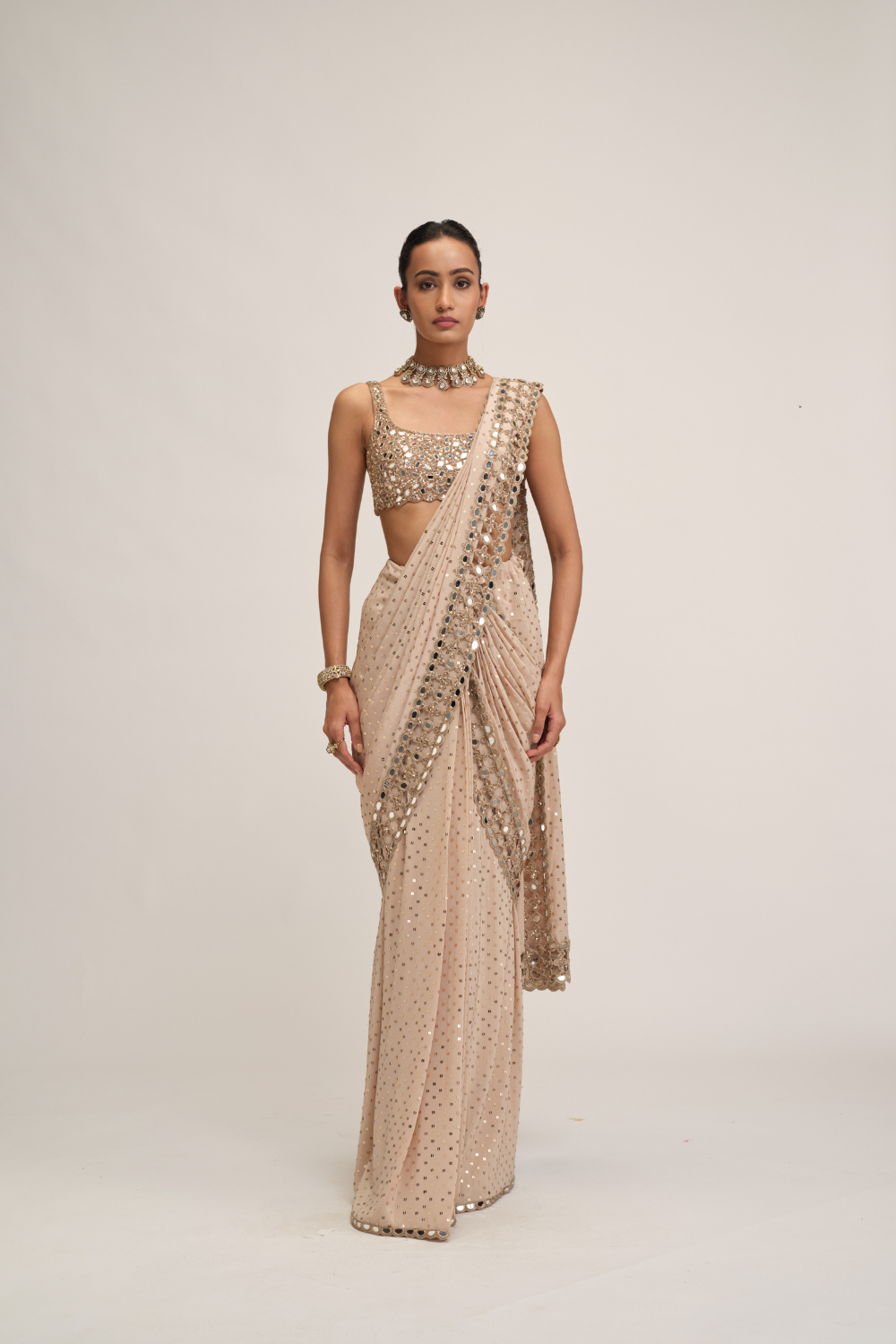 Light Beige Round Neck Cutwork Border Saree Set