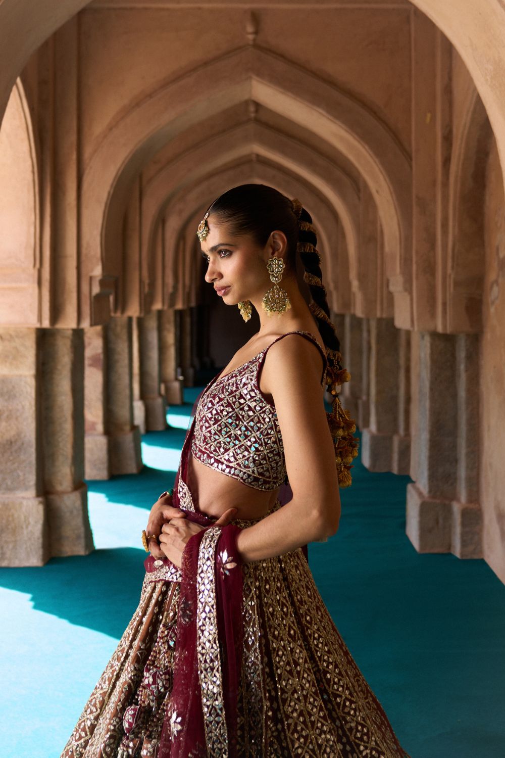 PRITHVI — Brown Raw Silk Lehenga Set with Contrast Maroon Blouse