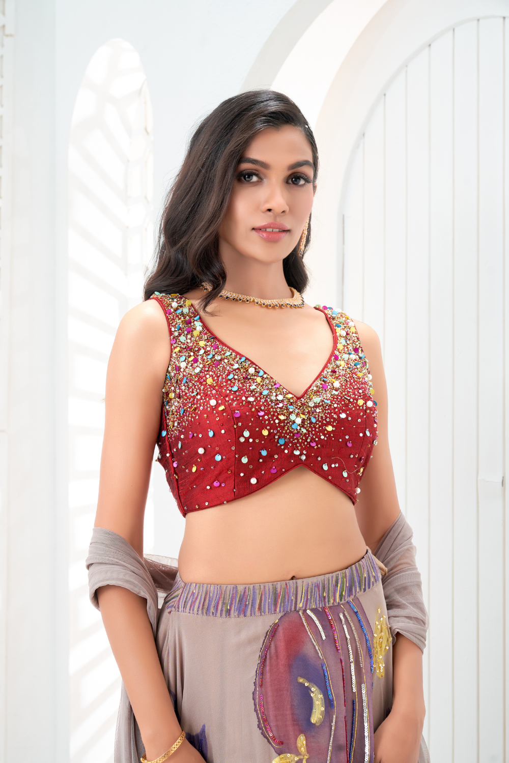 Mauve hand painted lehenga and embroidered Red blouse set