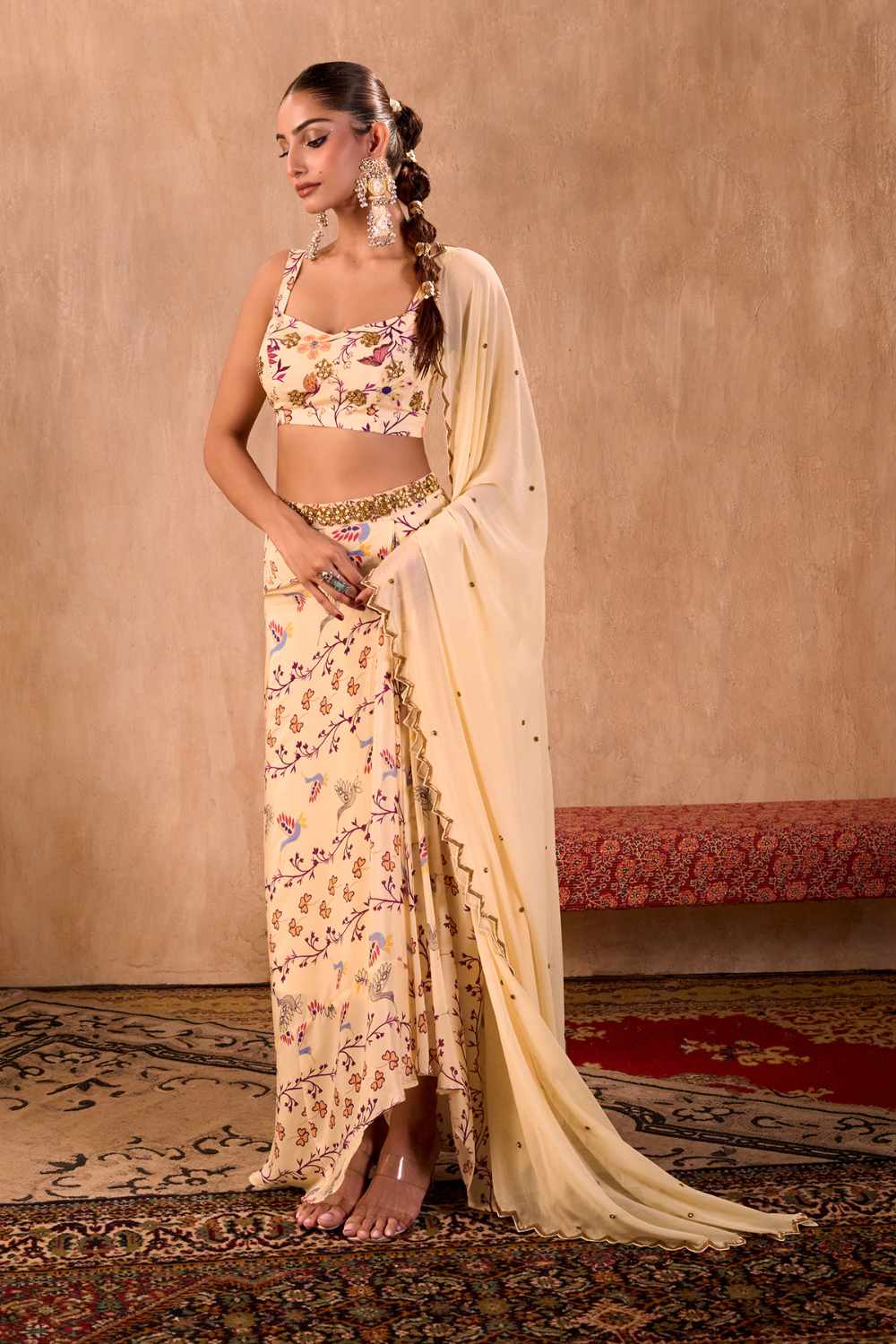IVORY PRINT EMBROIDERED CHOLI, DRAPED SKIRT AND DUPATTA SET