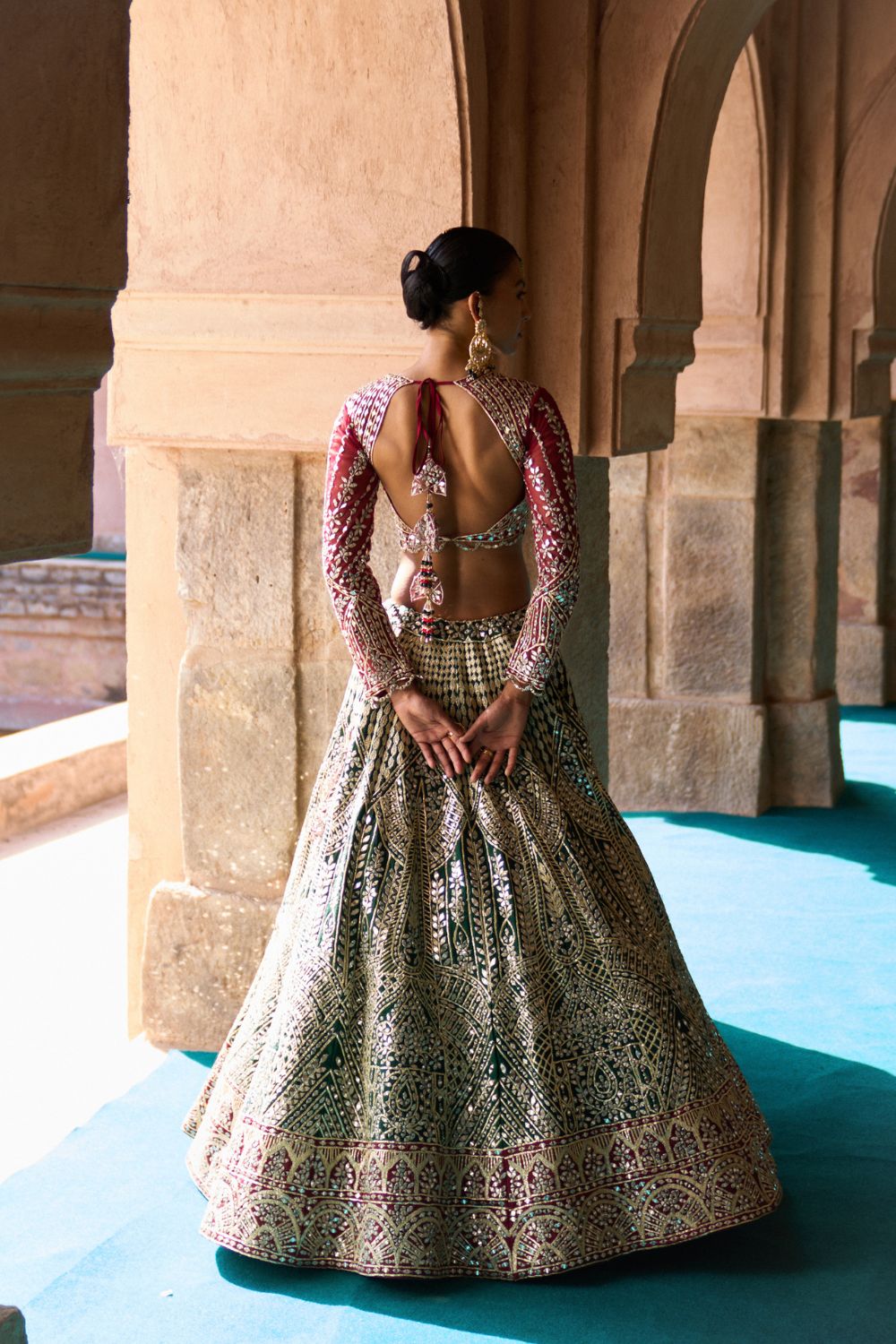 SUKOON — Bottle Green Raw Silk Lehenga Set with Contrast Blouse