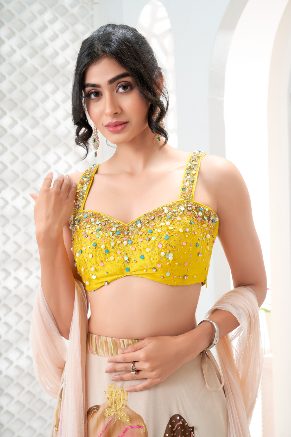Baby Pink hand painted lehenga and embroidered Yellow blouse set