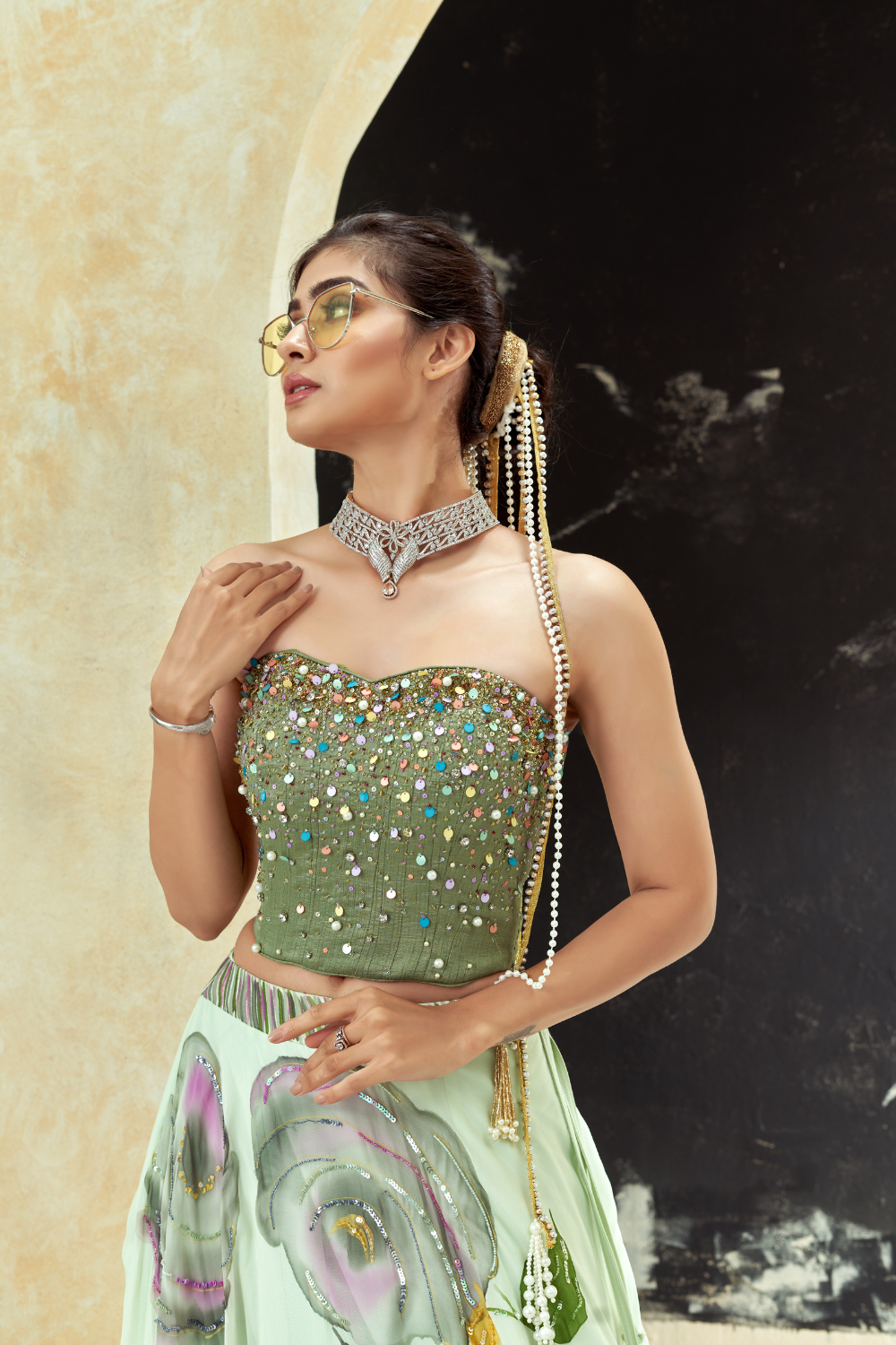 Mint Green hand painted lehenga and Green corset set