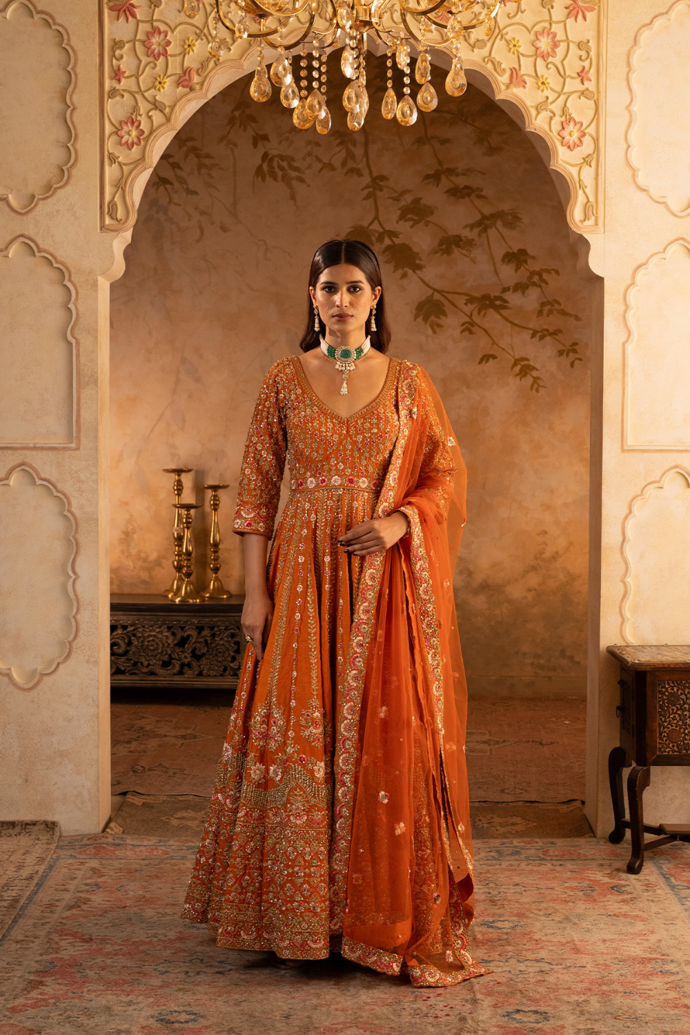 Rust Raw Silk Anarkali Set