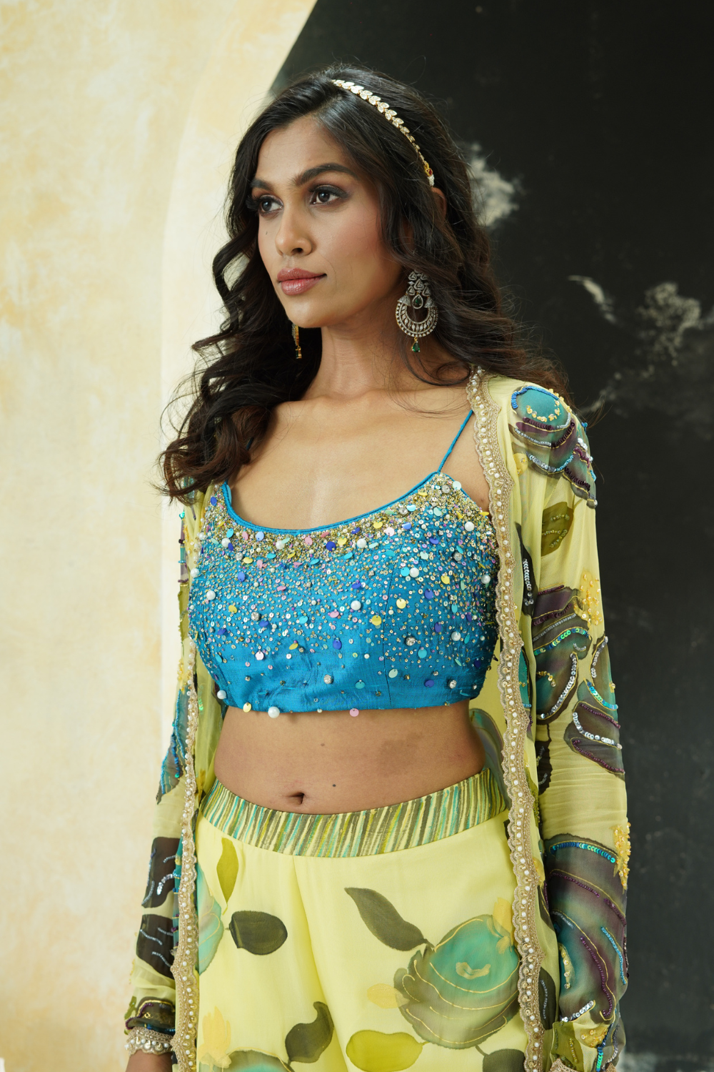 Lime Yellow hand painted palazzo and jacket set