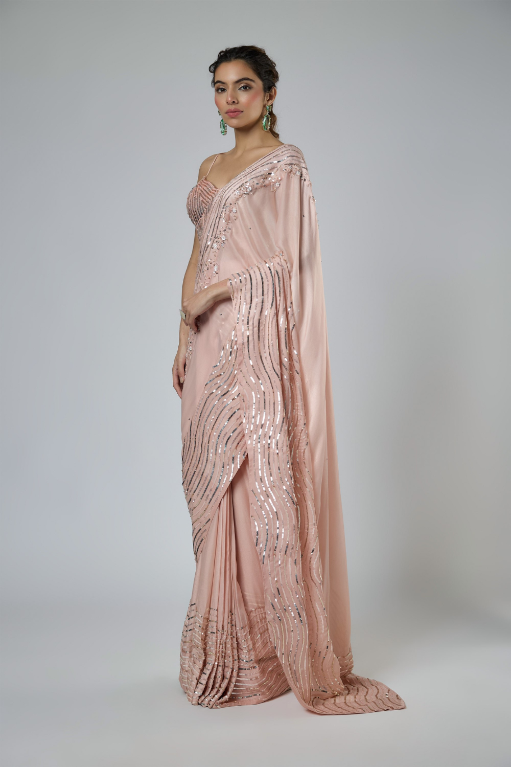 DARK PEACH INTRICATE EMBROIDERED SAREE SET