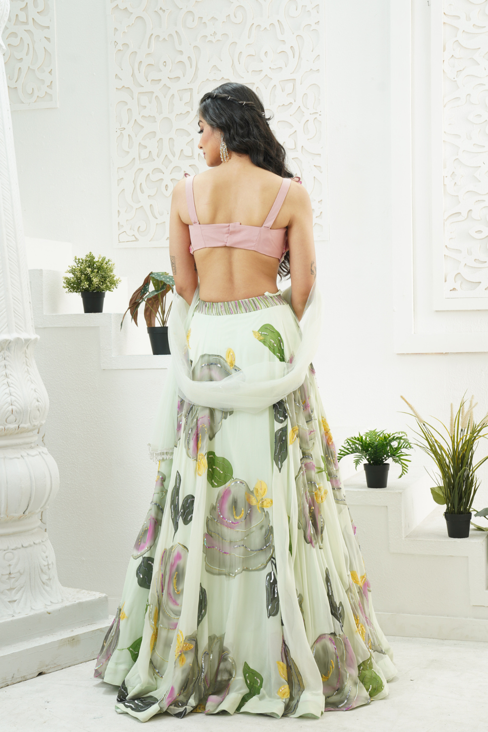 Mint Green hand painted lehenga and Butterfly blouse set