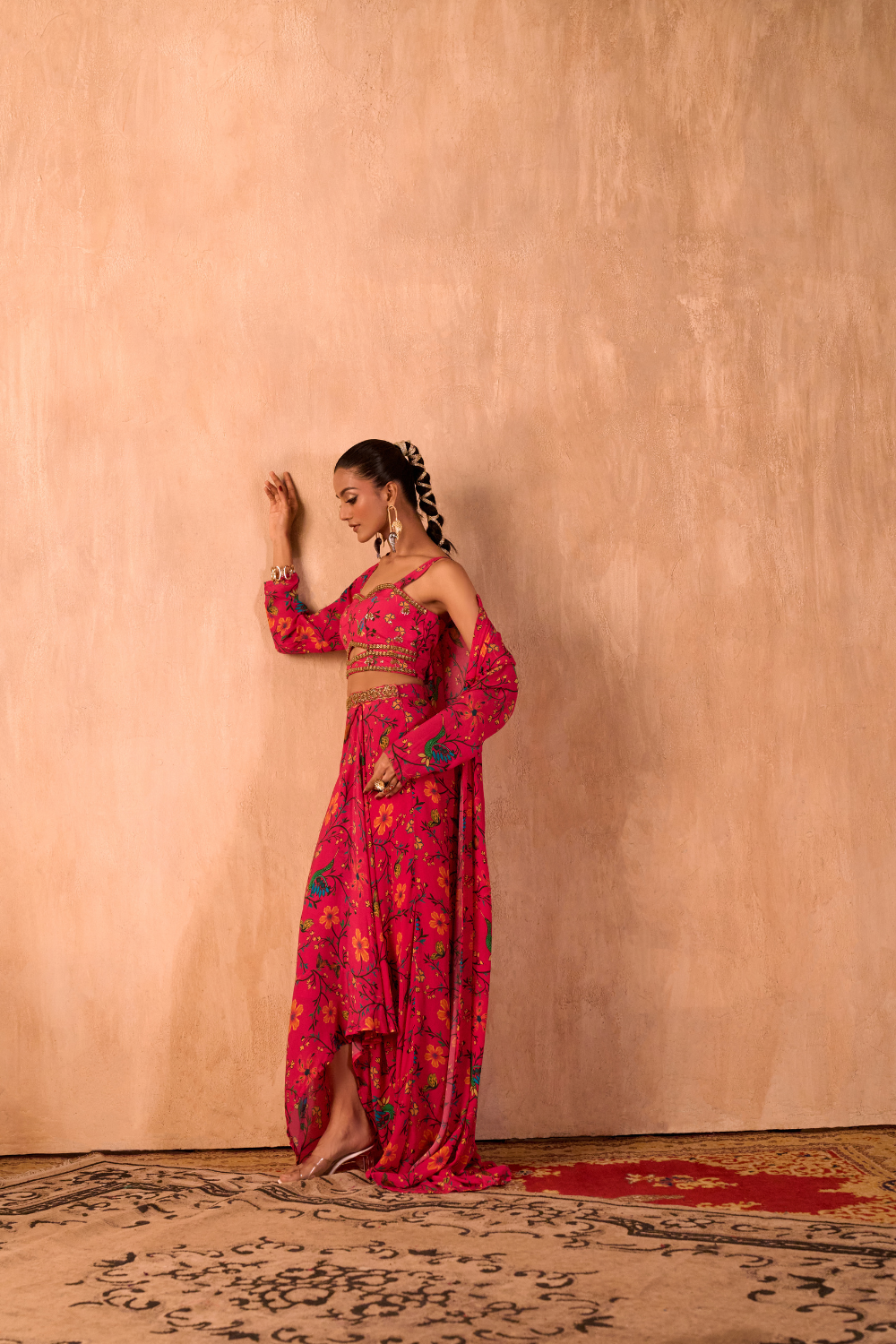 PINK PRINT EMBROIDERED CHOLI, DRAPED SKIRT AND JACKET SET