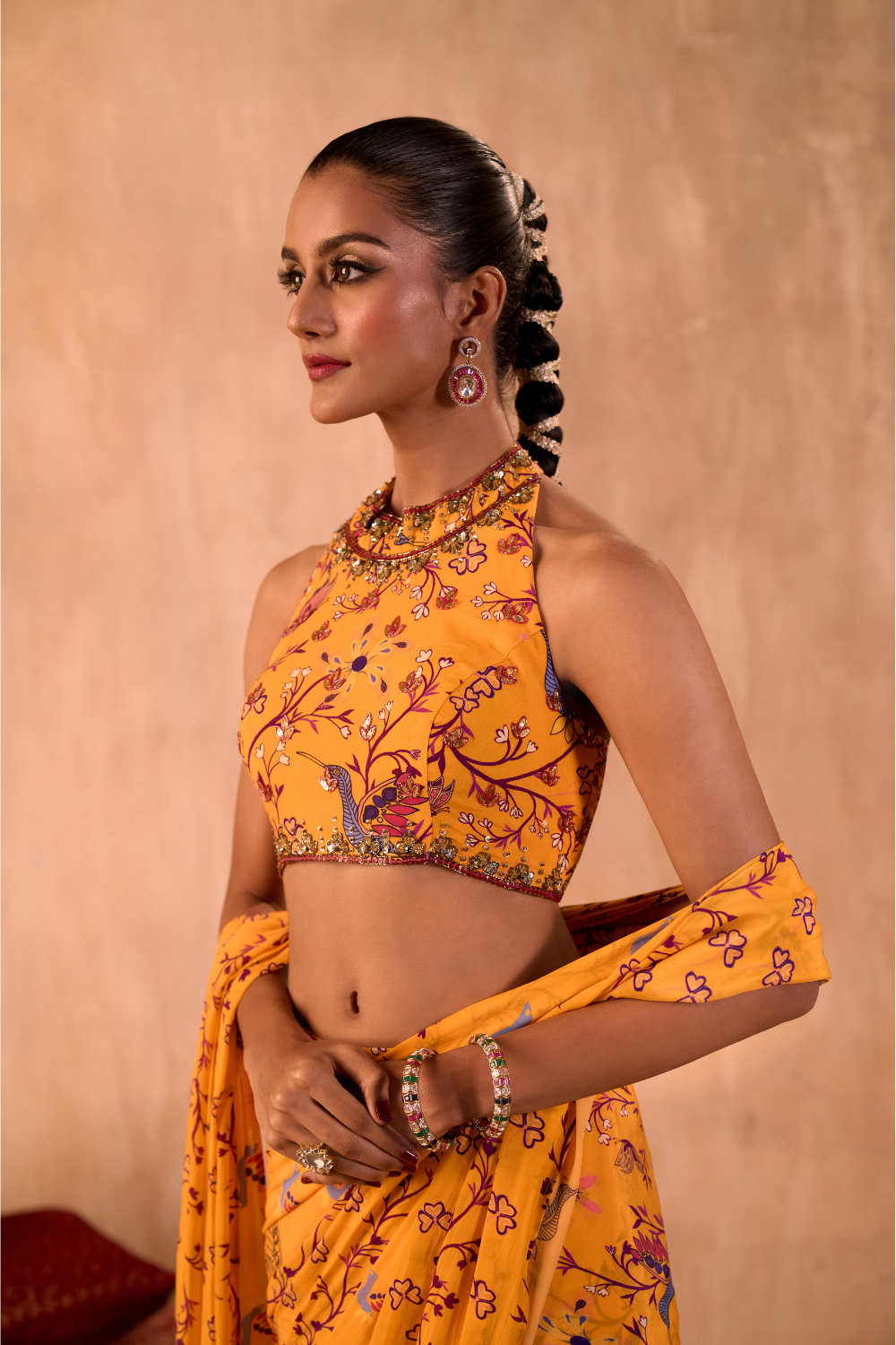 YELLOW PRINT EMBROIDERED HALTER CHOLI AND PREDRAPED SARI SET