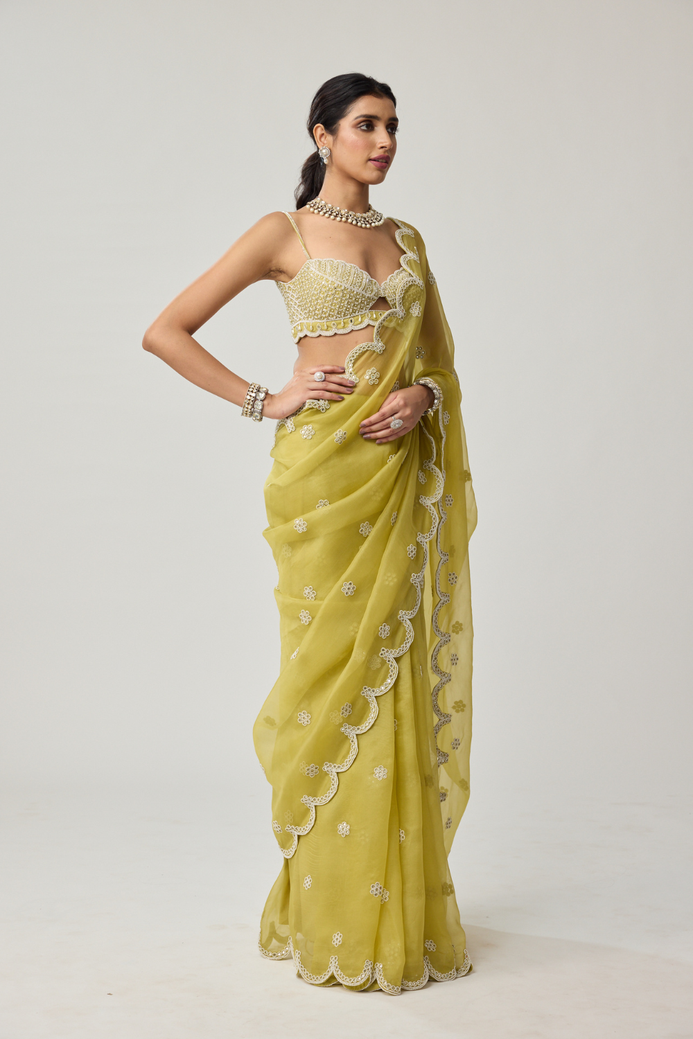 Fern Green Organza Mirror and Pearl saree set