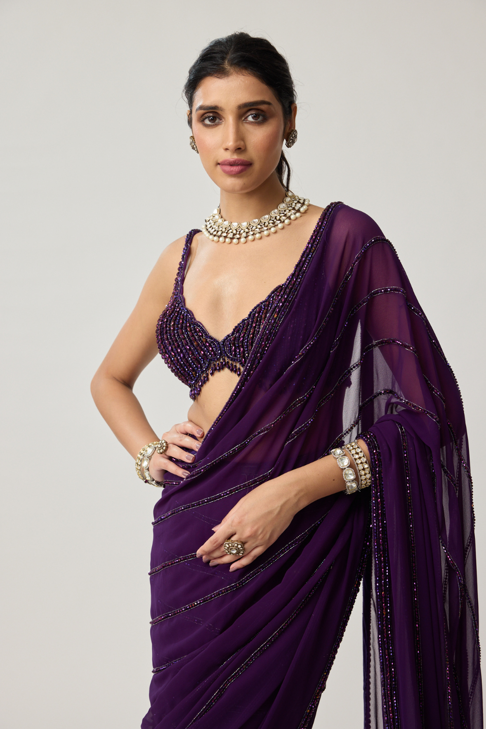 Royalty purple Crystal saree set