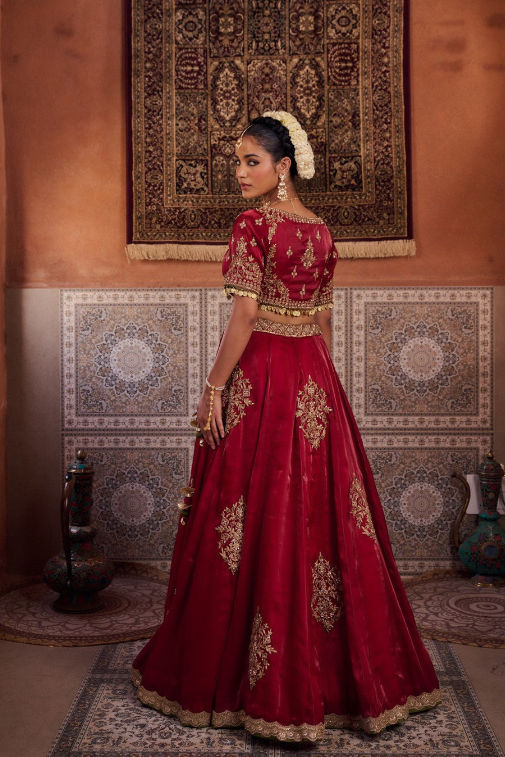 Maroon glass tissue blouse, lehenga and dupatta