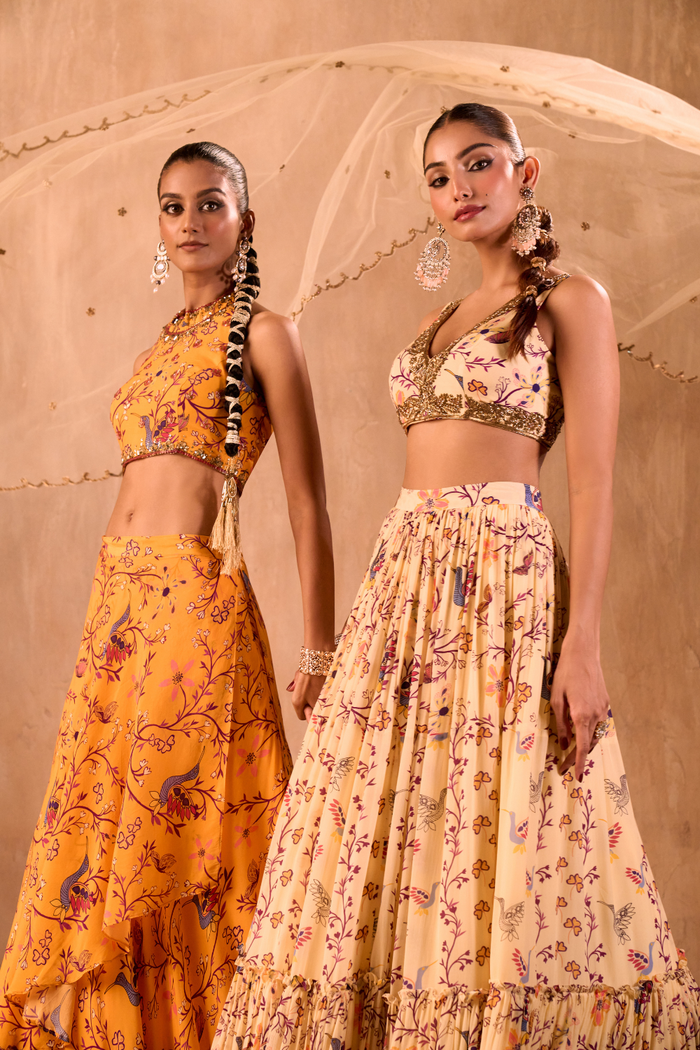 YELLOW PRINT EMBROIDERED HALTER CHOLI AND LAYERED LEHENGA SKIRT SET