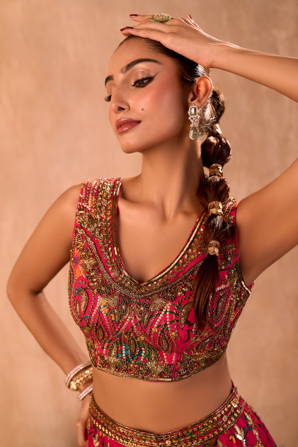 PINK PRINT EMBROIDERED CHOLI, LEHENGA AND DUPATTA SET
