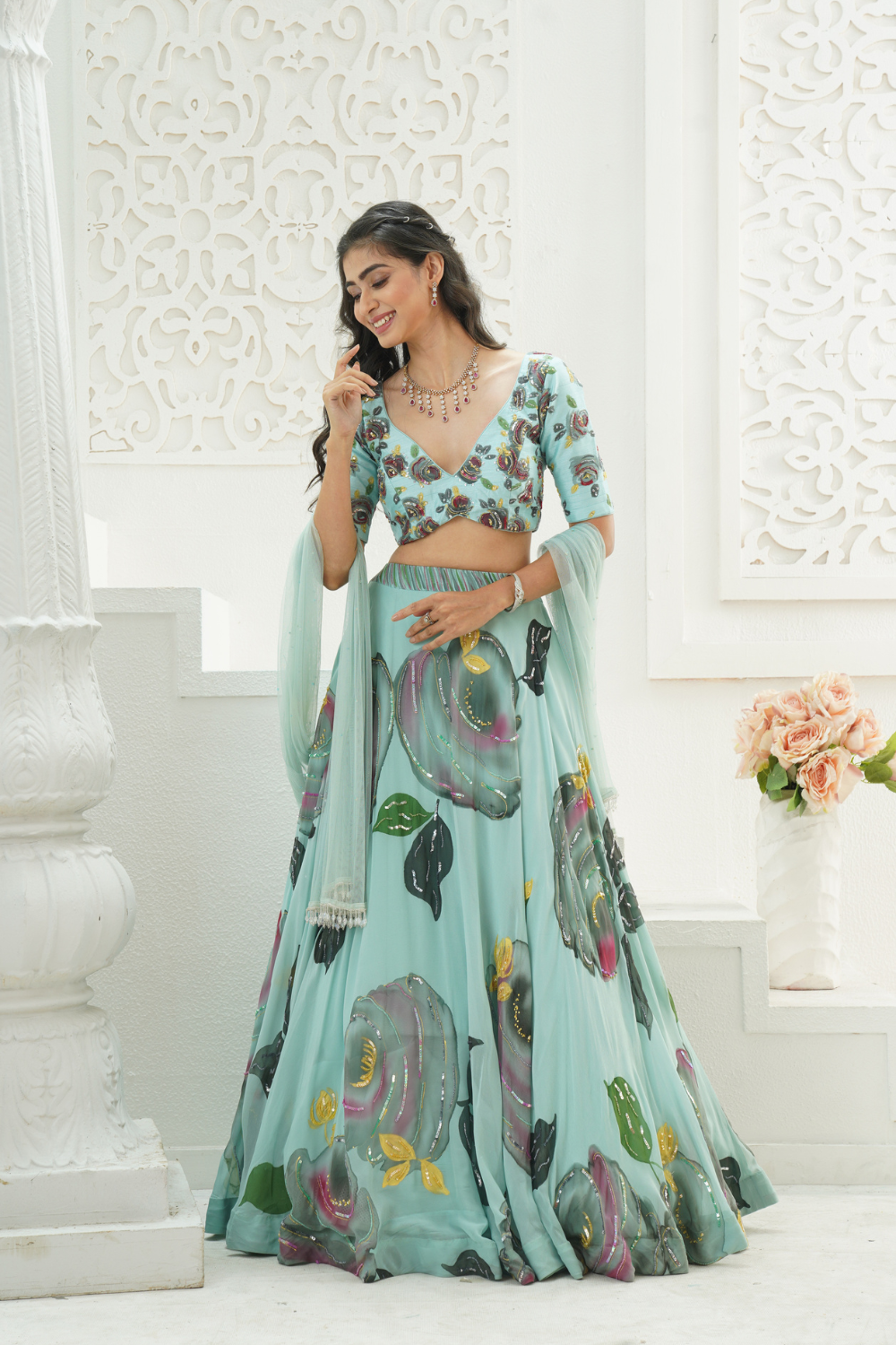 Dusty Blue hand painted lehenga set