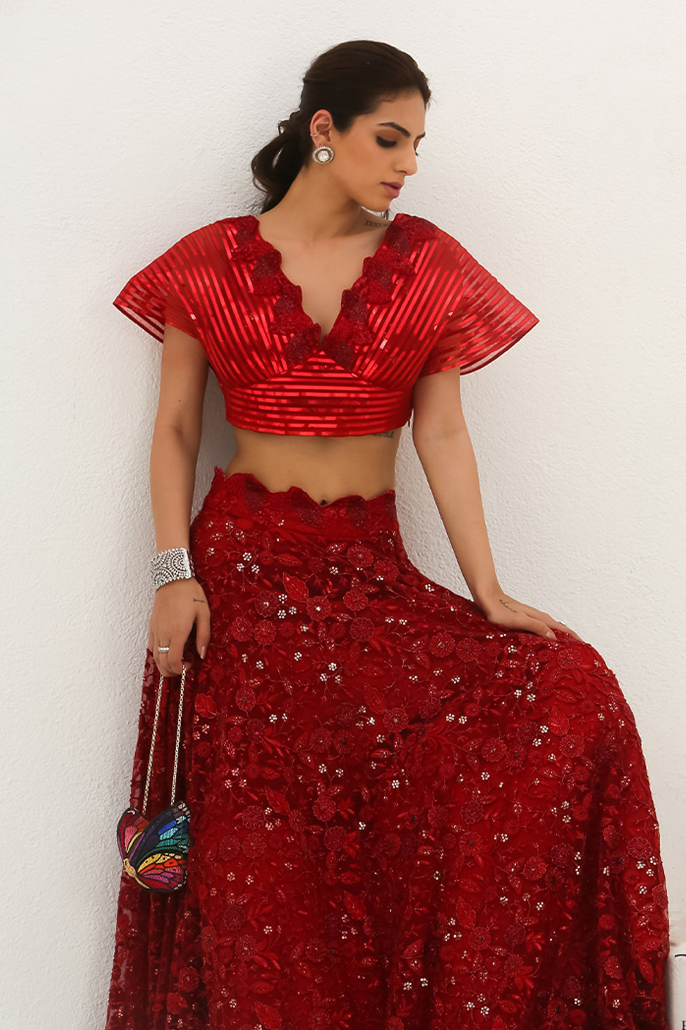 Bela - Scarlet Red Crop Top Lehenga Set