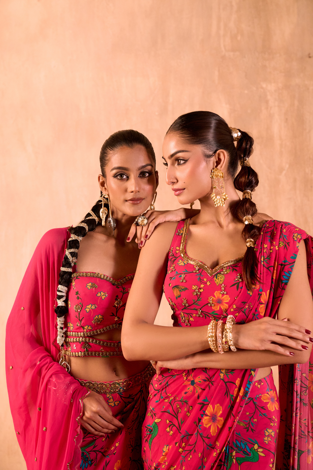 PINK PRINT EMBROIDERED CHOLI, DRAPED SKIRT AND DUPATTA SET