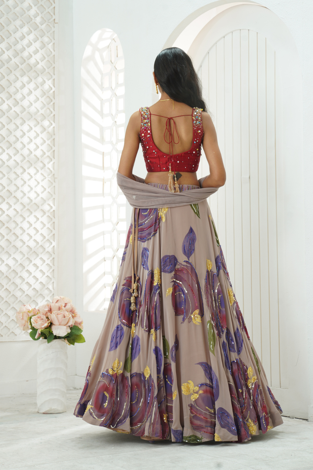 Mauve hand painted lehenga and embroidered Red blouse set