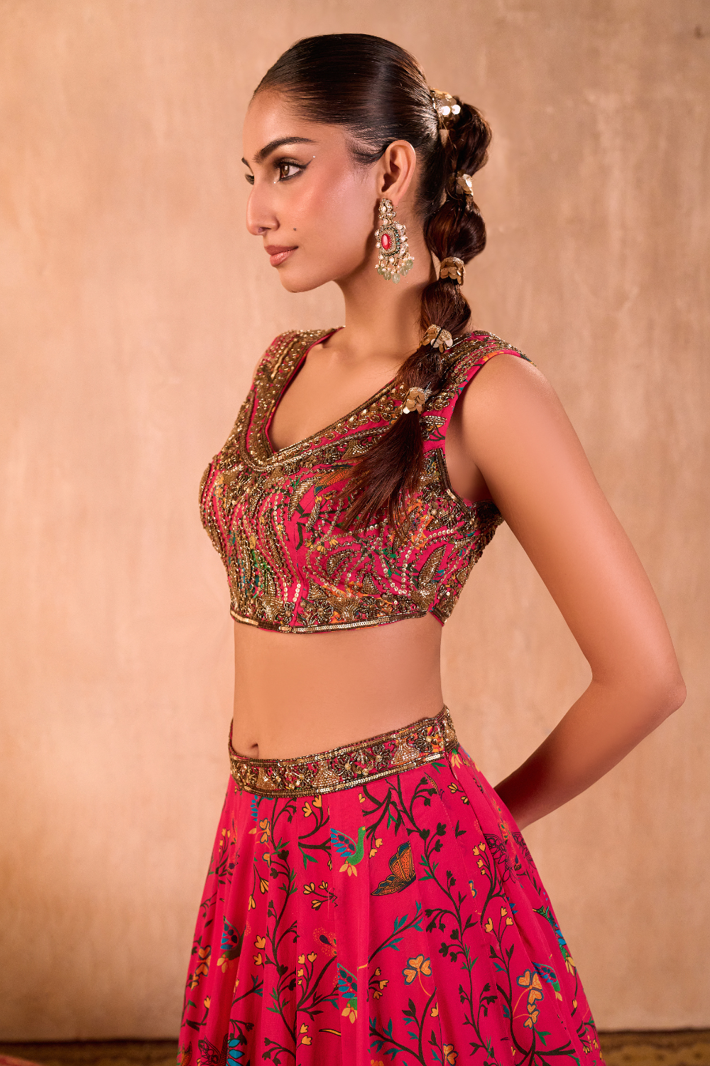 PINK PRINT EMBROIDERED CHOLI, LEHENGA AND DUPATTA SET