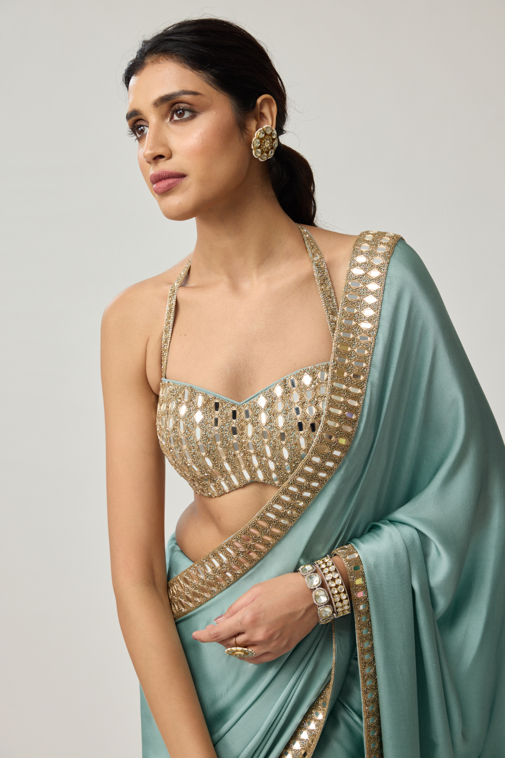 Powder Blue Mirror Satin Saree Set