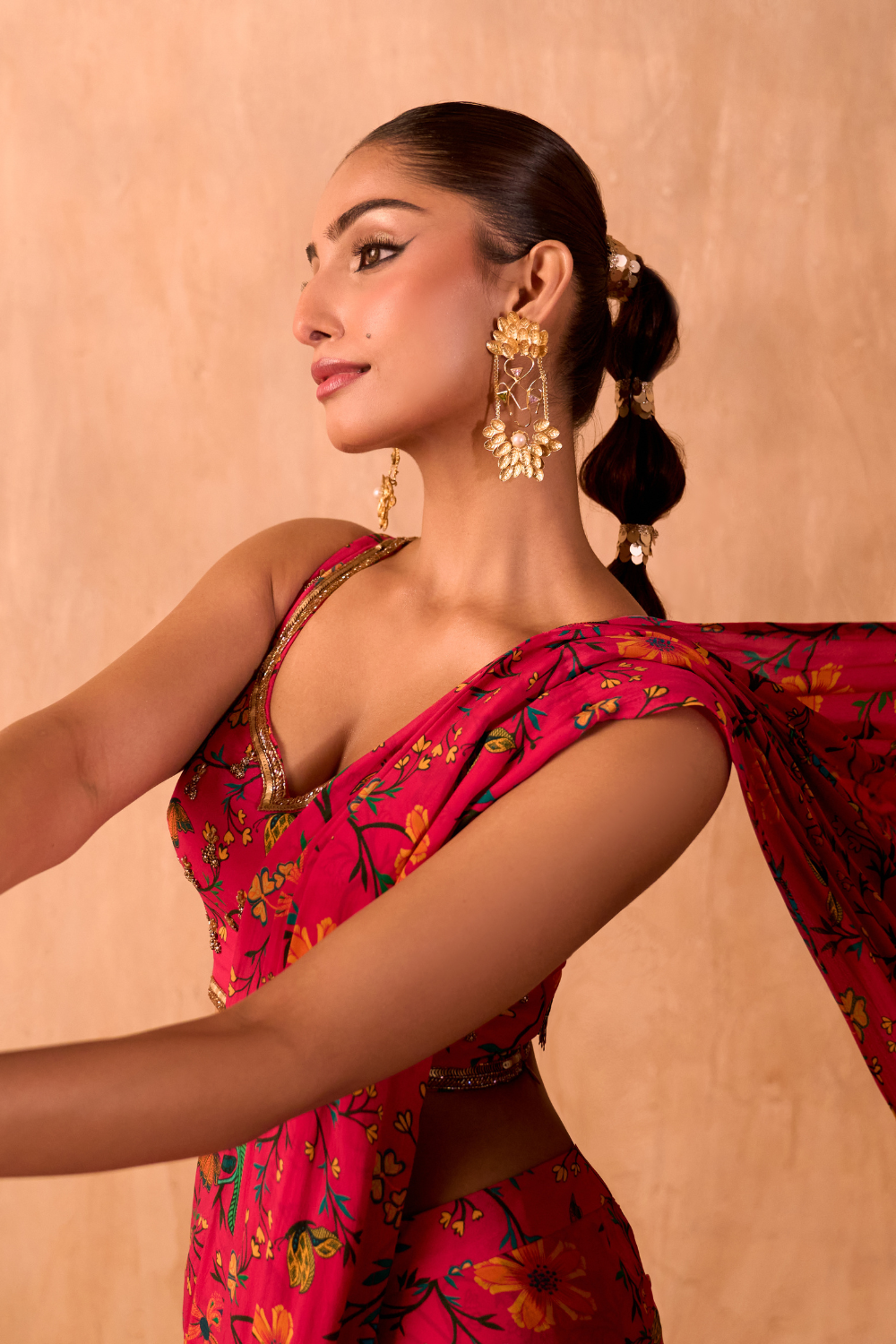 PINK PRINT EMBROIDERED CHOLI WITH PRE-DRAPED SARI SET