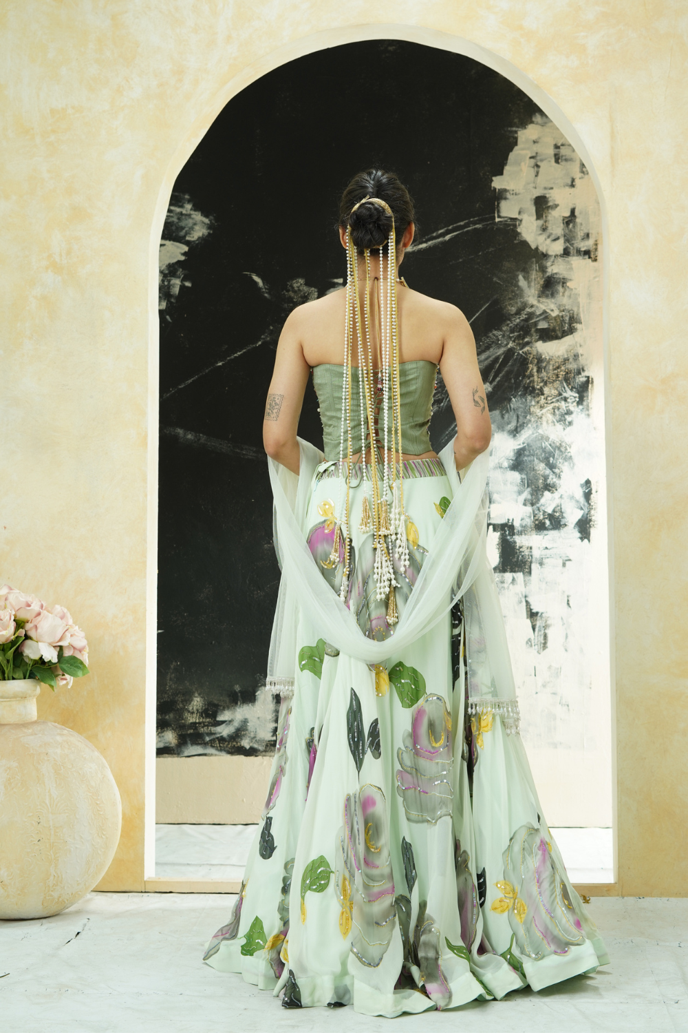 Mint Green hand painted lehenga and Green corset set