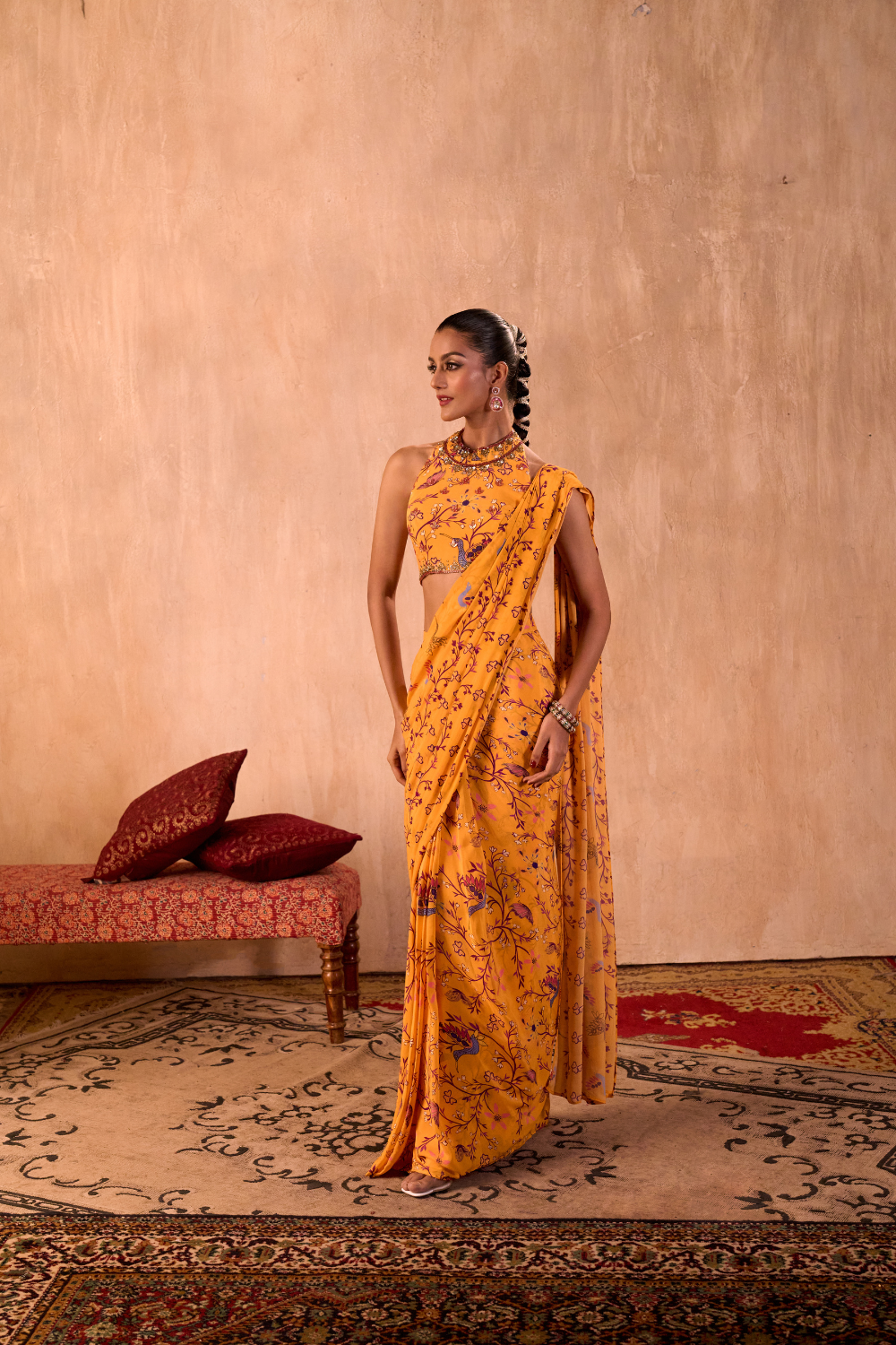 YELLOW PRINT EMBROIDERED HALTER CHOLI AND PREDRAPED SARI SET