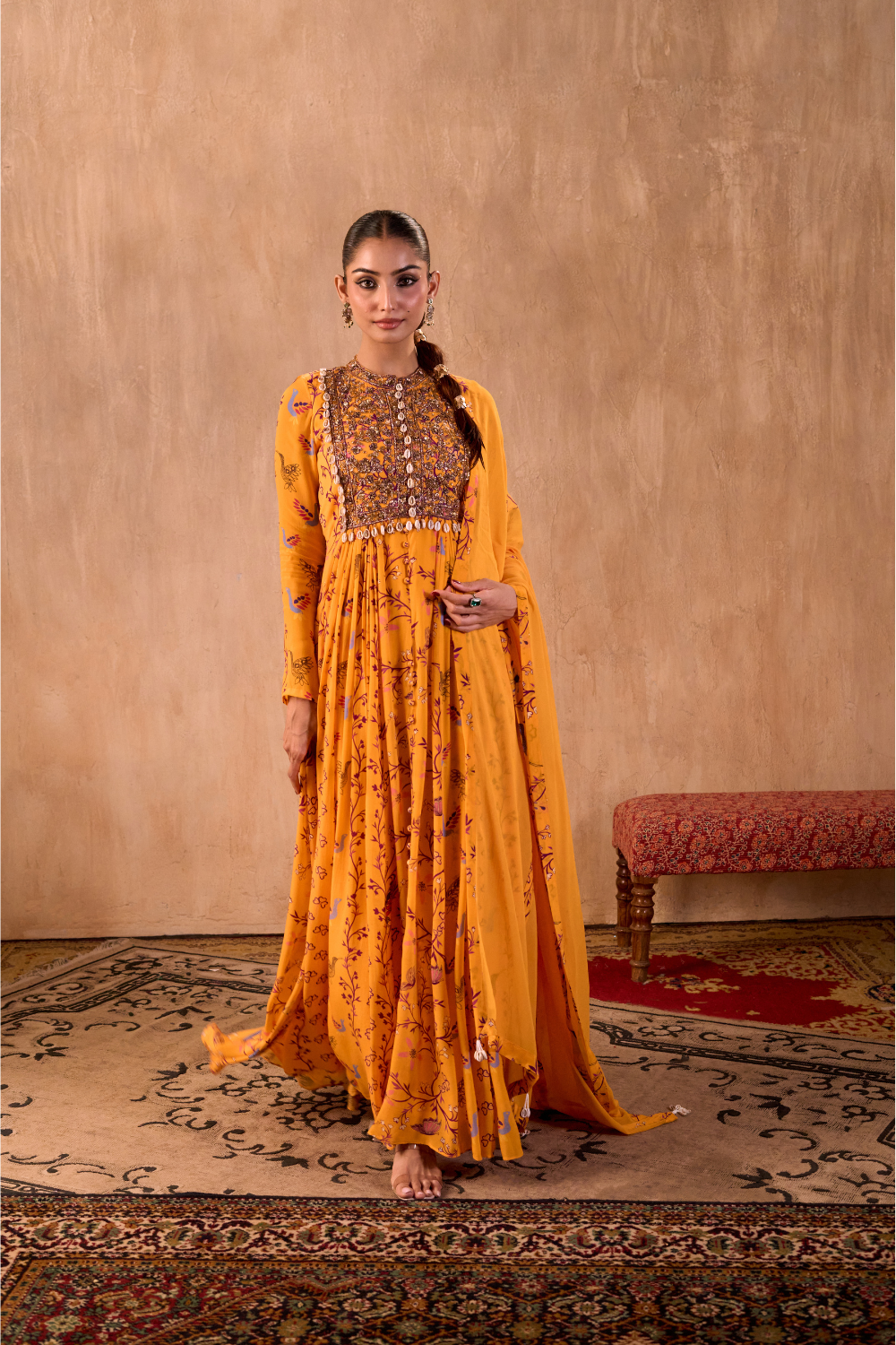 YELLOW PRINT EMBROIDERED ANARKALI AND DUPATTA SET