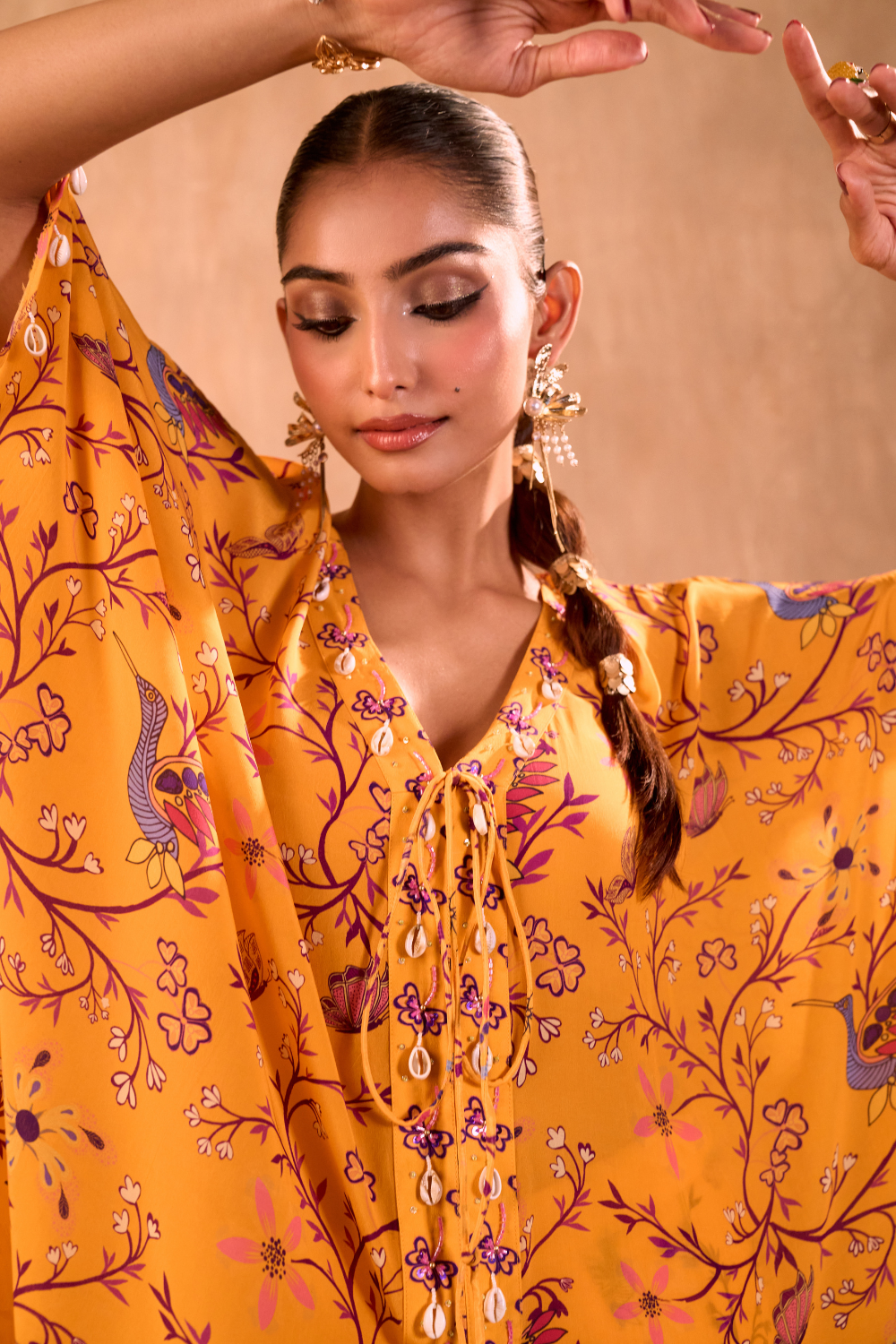 YELLOW PRINT EMBROIDERED LONG KAFTAN WITH PANTS SET