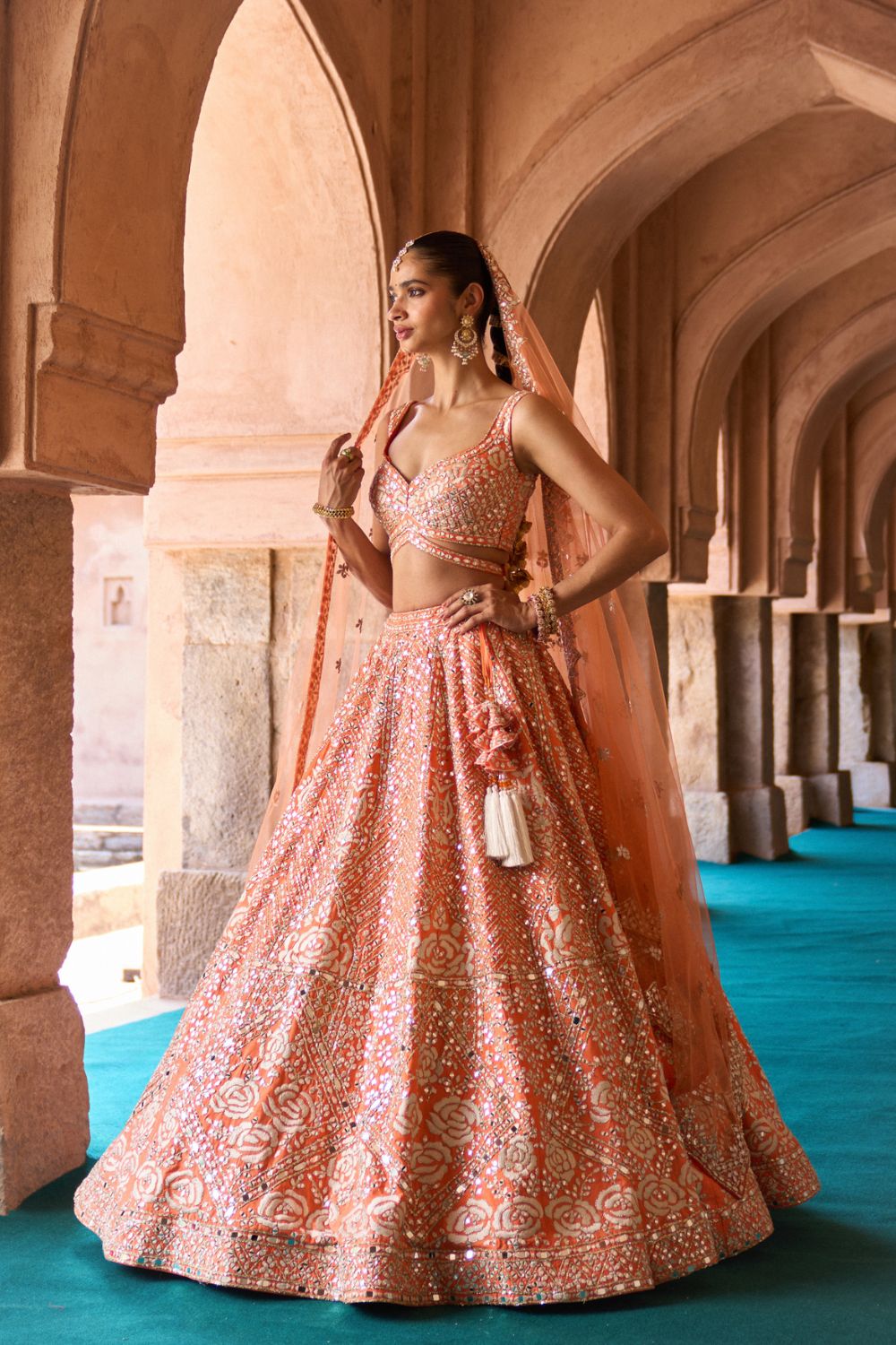 SURAJ — Orange Raw Silk Lehenga Set