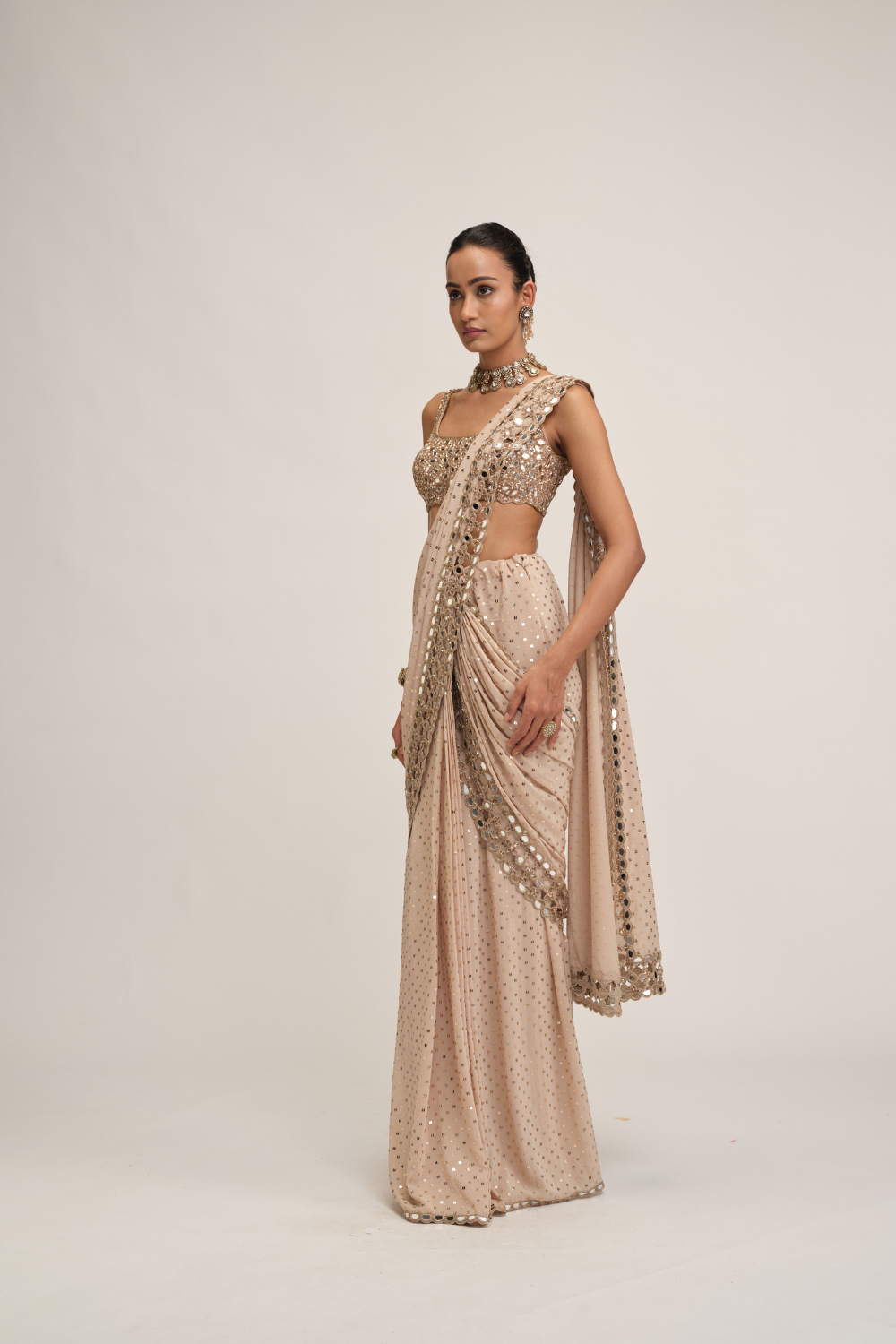 Light Beige Round Neck Cutwork Border Saree Set