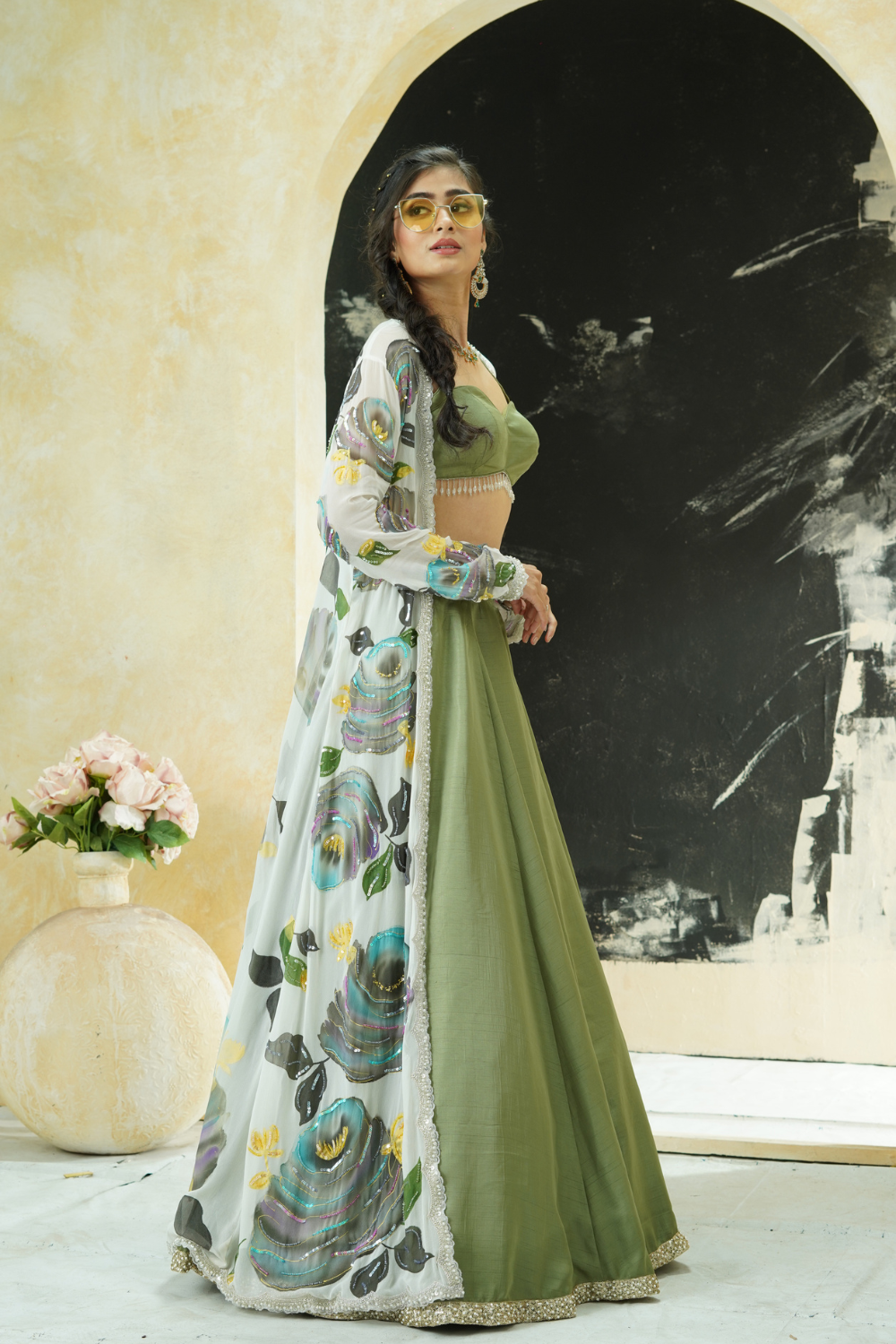 Sage Green lehenga set with hand painted jacket