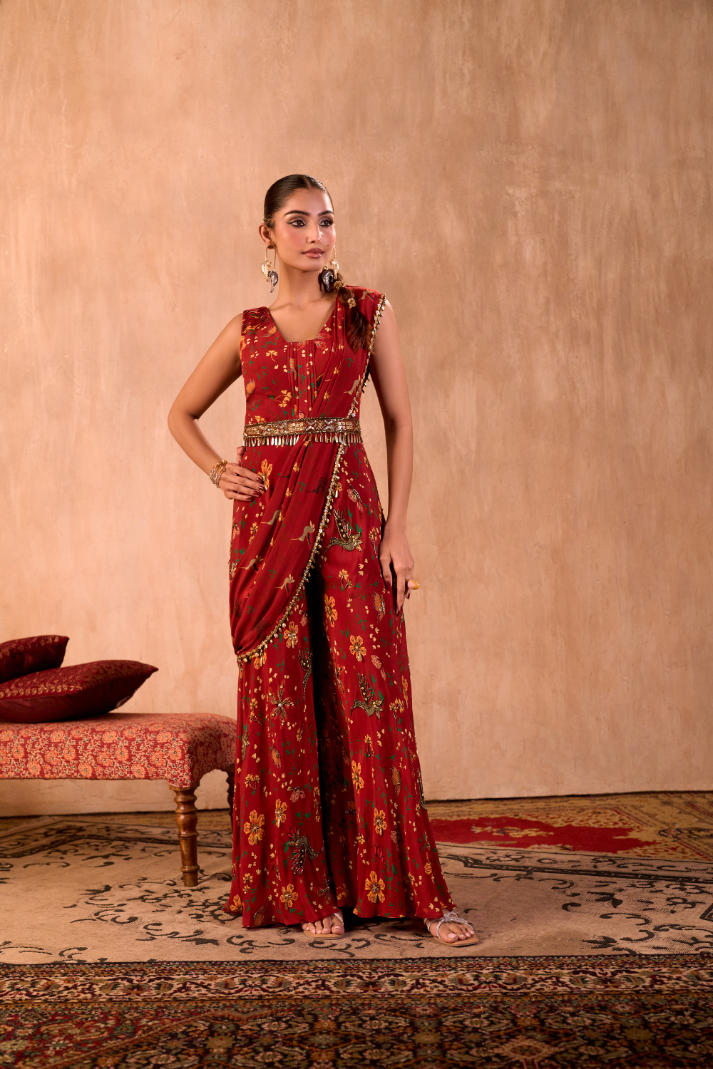 RED PRINT EMBROIDERED JUMPSUIT WITH DRAPE AND BELT SET