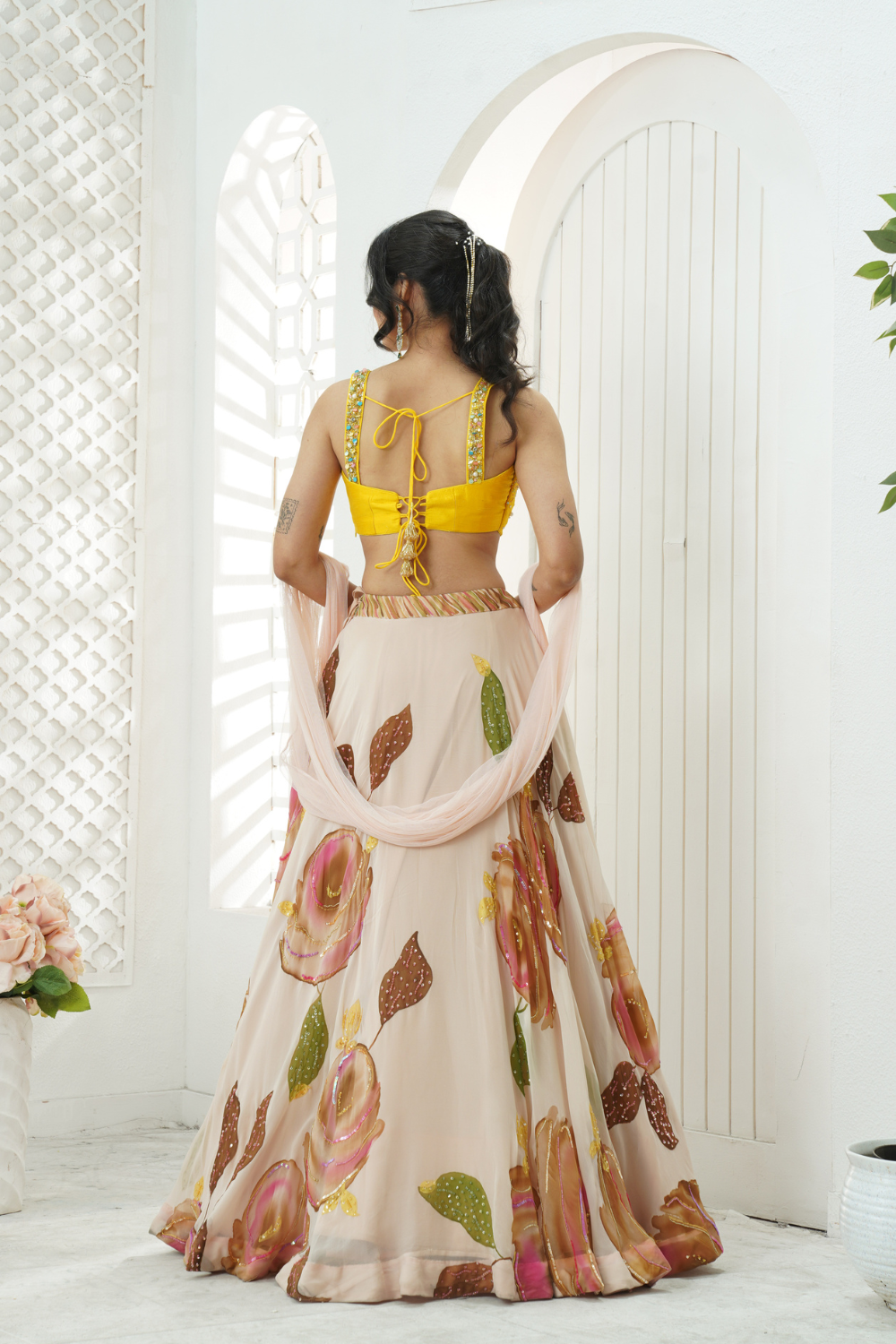 Baby Pink hand painted lehenga and embroidered Yellow blouse set