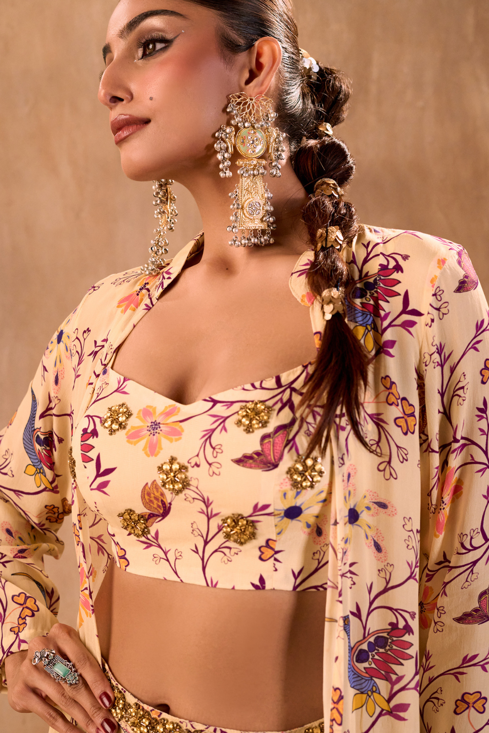 IVORY PRINT EMBROIDERED CHOLI, DRAPED SKIRT AND JACKET SET
