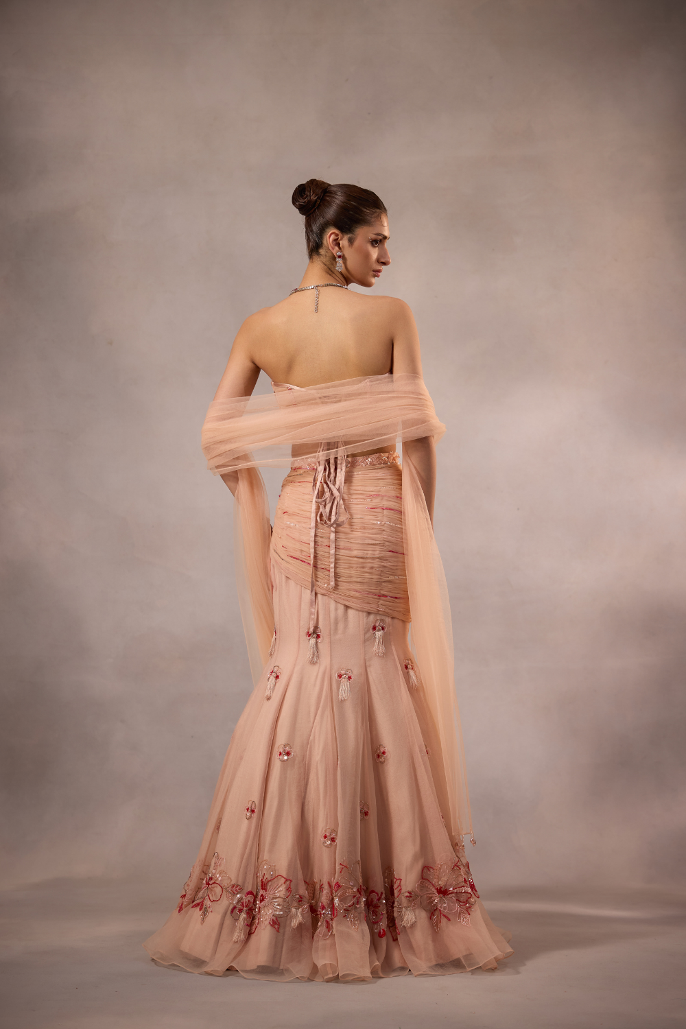 Powder Pink Embroidered Fishcut Drape Lehenga with Blouse -set of 3