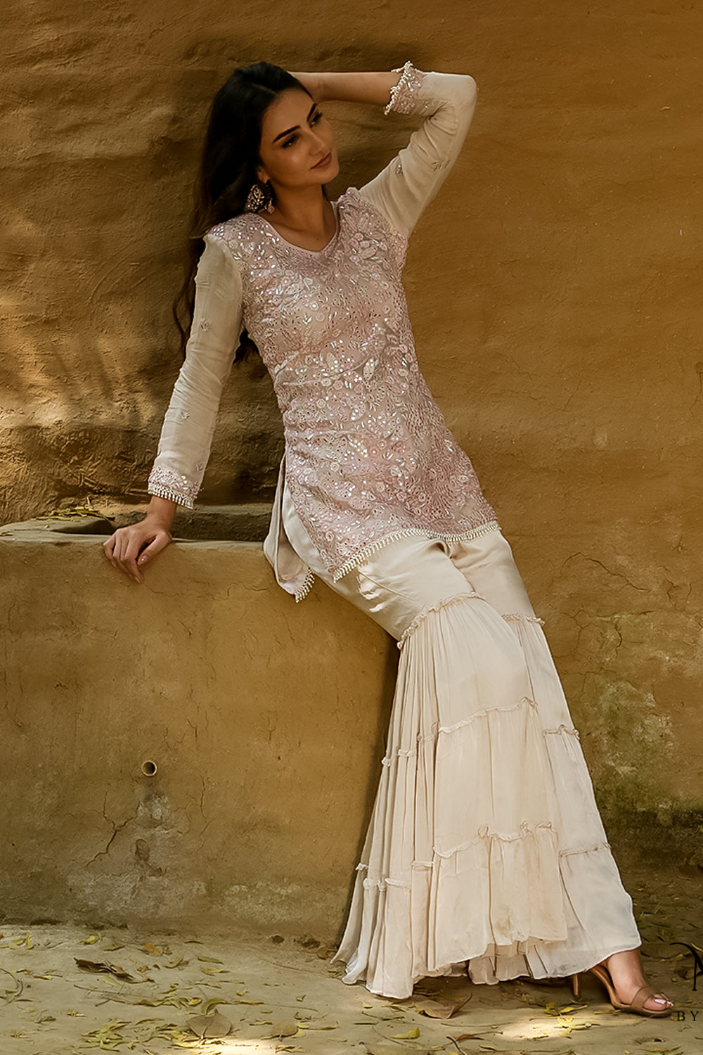 Faiza - Beige Kurta Gharara Set