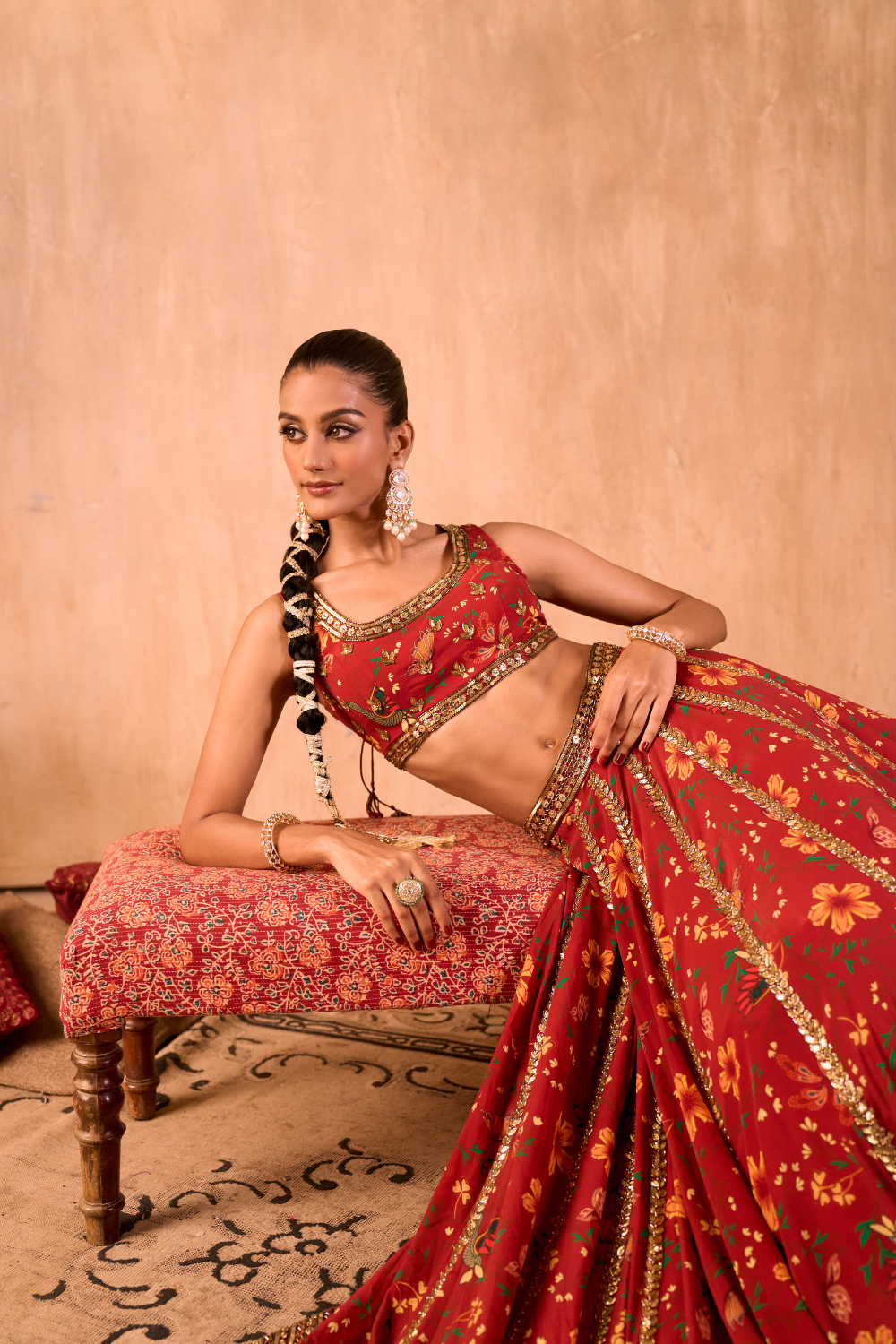 RED PRINT EMBROIDERED CHOLI, LEHENGA AND DUPATTA SET