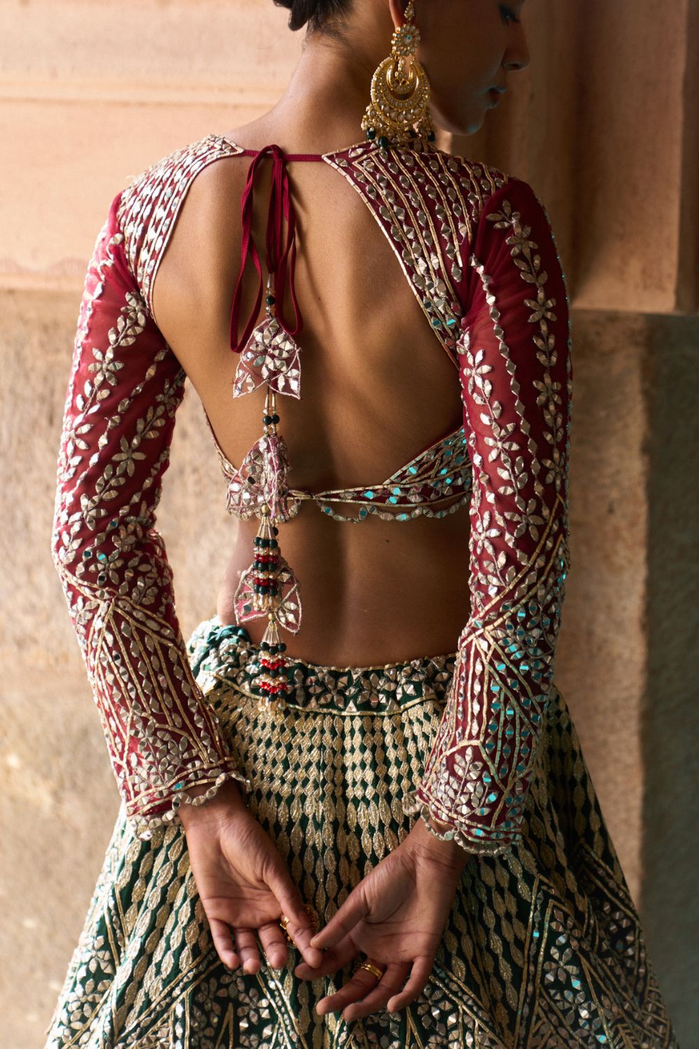 SUKOON — Bottle Green Raw Silk Lehenga Set with Contrast Blouse