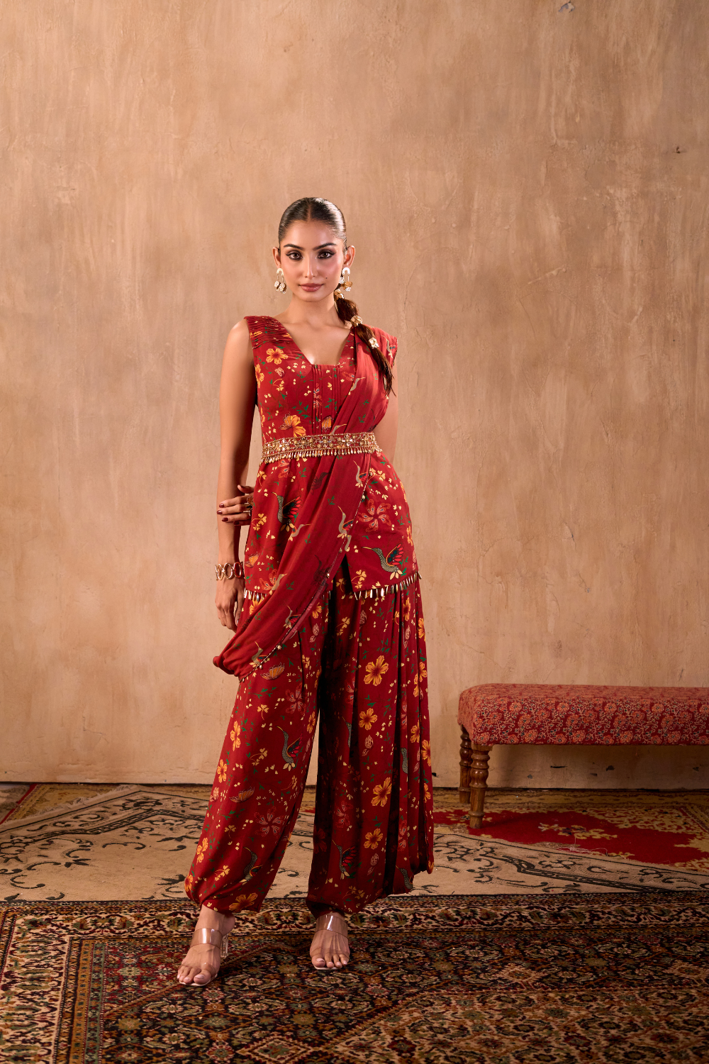 RED PRINT EMBROIDERED PEPLUM TOP, DRAPED PANTS, DRAPE AND BELT SET