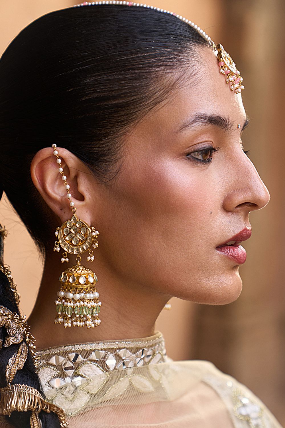 BASANT — Golden Beige Net Lehenga Set