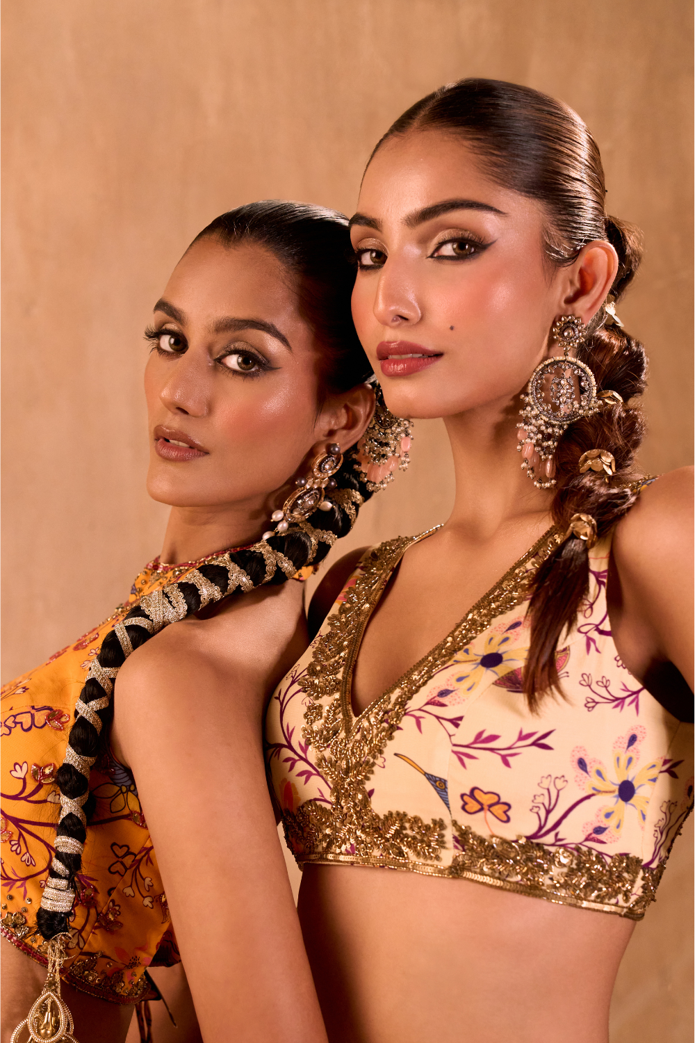 YELLOW PRINT EMBROIDERED HALTER CHOLI AND LAYERED LEHENGA SKIRT SET
