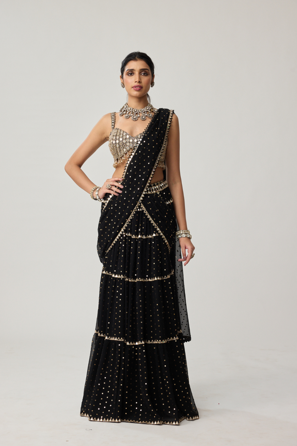 Black Georgette Multi-tier Saree Set