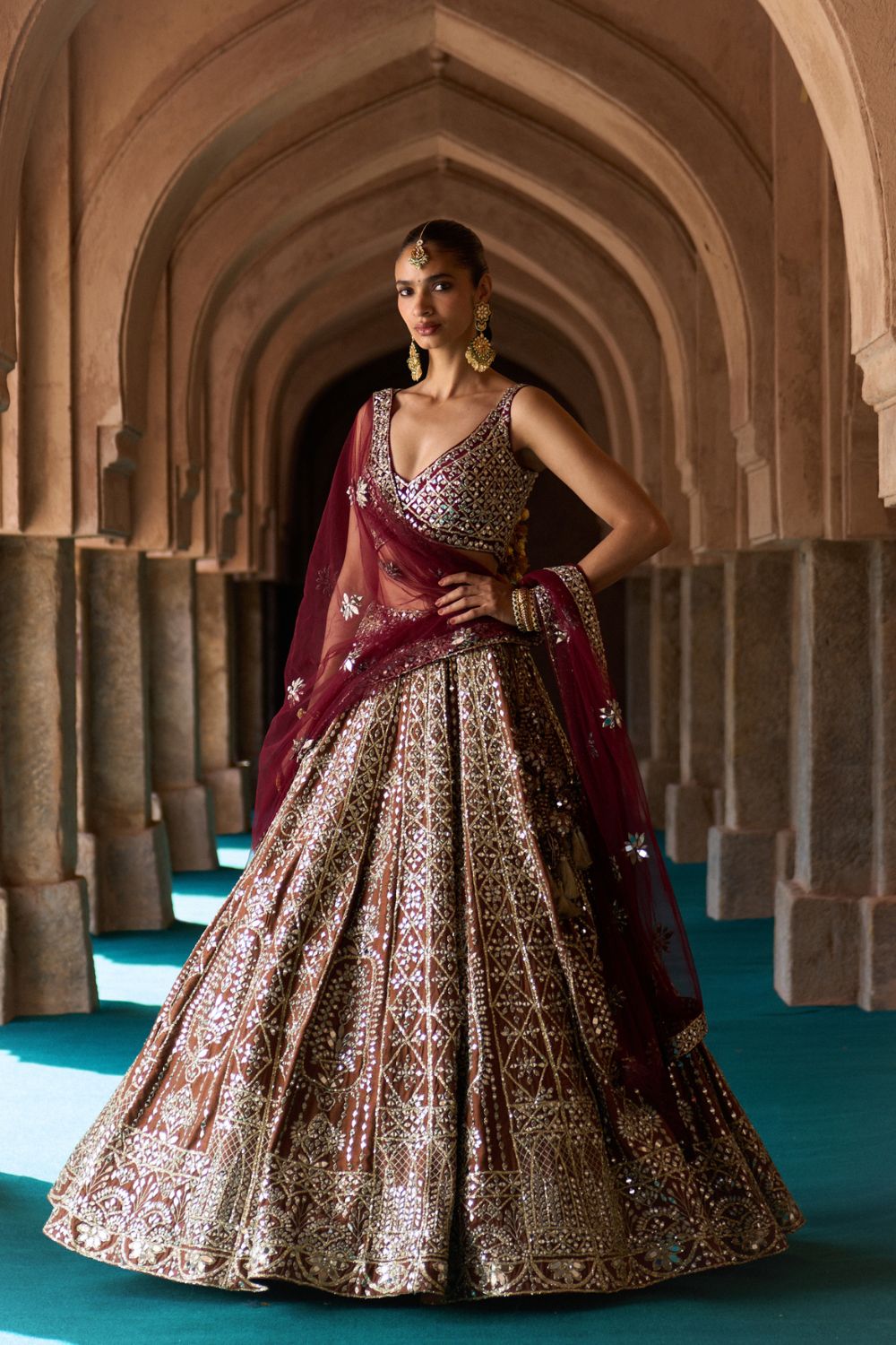 PRITHVI — Brown Raw Silk Lehenga Set with Contrast Maroon Blouse